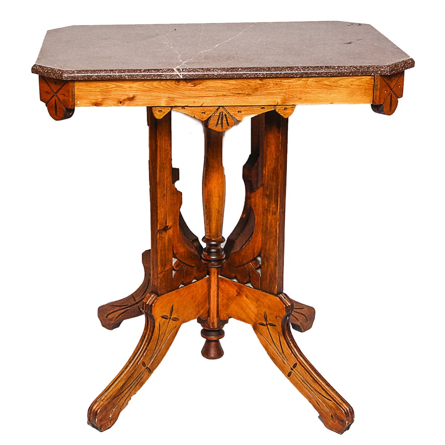 Antique Victorian Oak Side Table with Marble Top