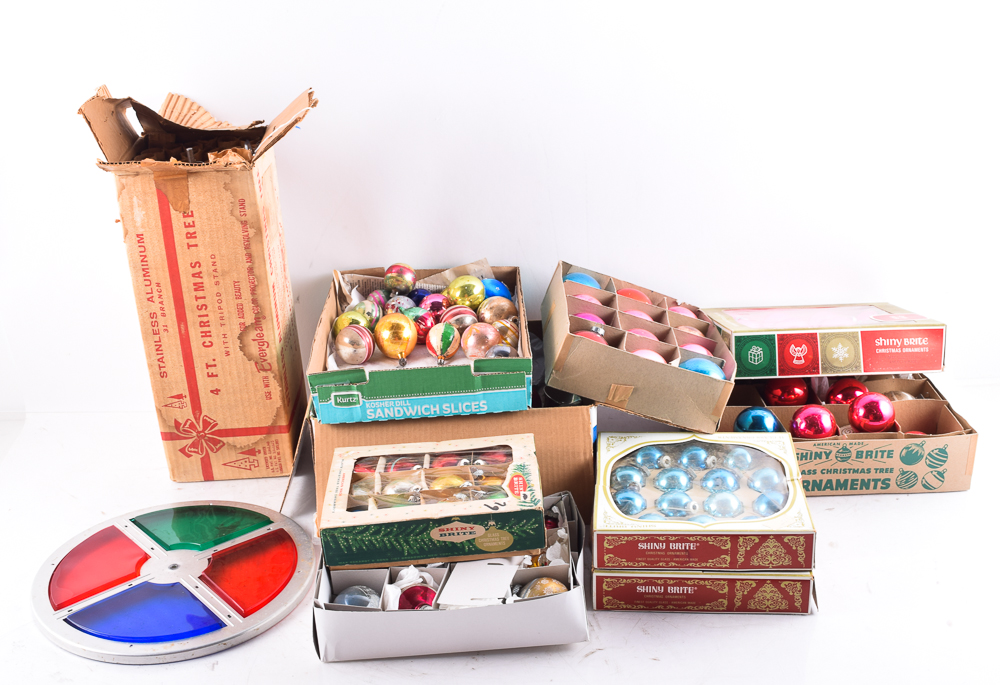 Vintage Aluminum Christmas Tree with Color Wheel and Ornaments