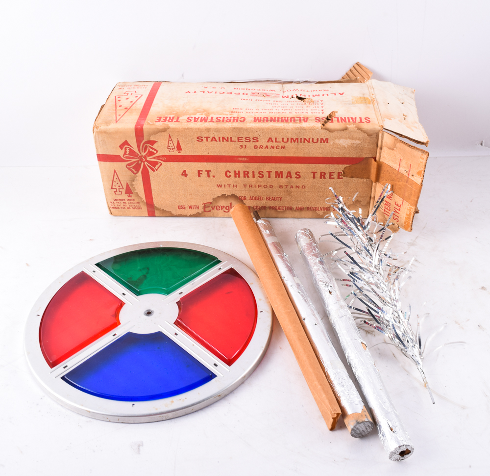 Vintage Aluminum Christmas Tree with Color Wheel and Ornaments