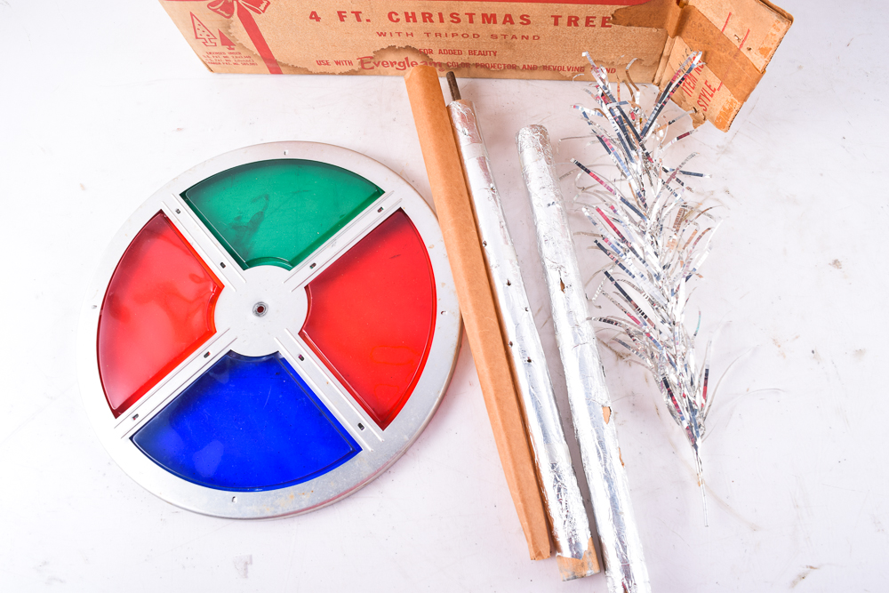 Vintage Aluminum Christmas Tree with Color Wheel and Ornaments