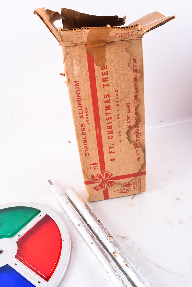 Vintage Aluminum Christmas Tree with Color Wheel and Ornaments