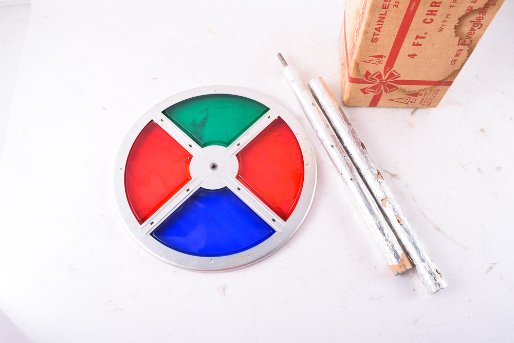 Vintage Aluminum Christmas Tree with Color Wheel and Ornaments