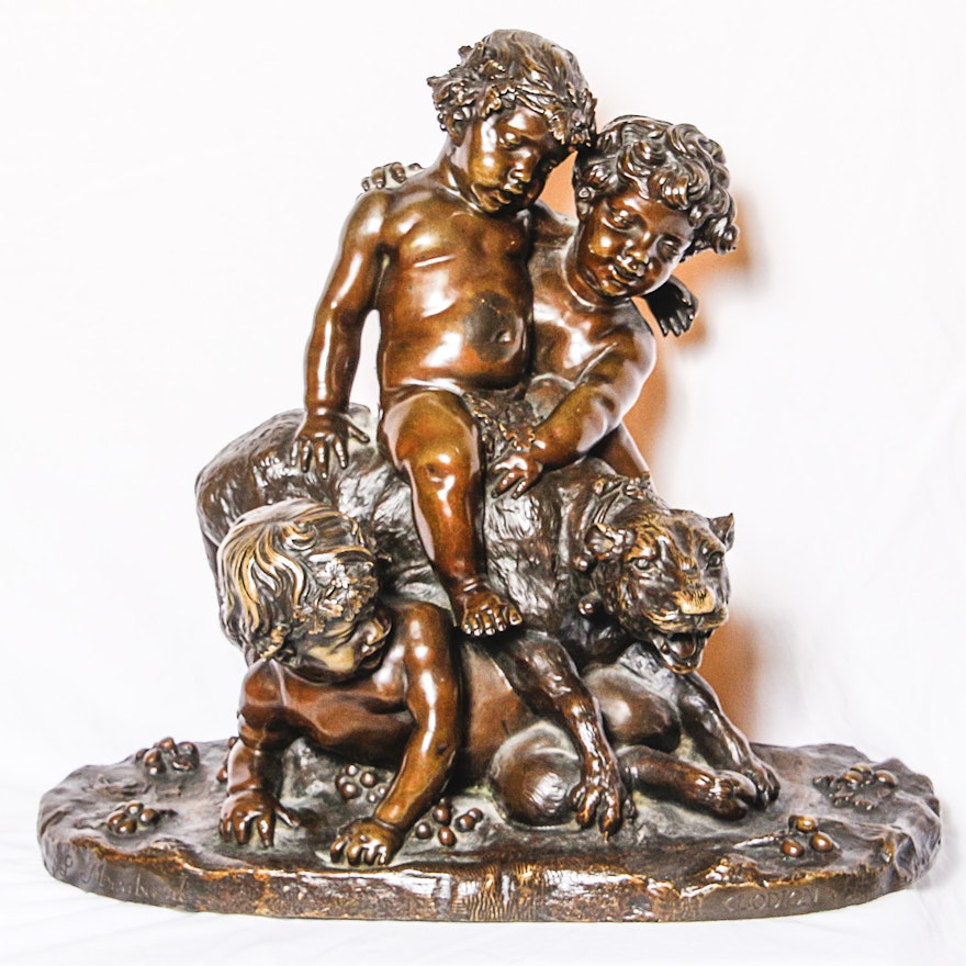 Bronze Sculpture After Cloidon "Baby Bacchus & Panther"