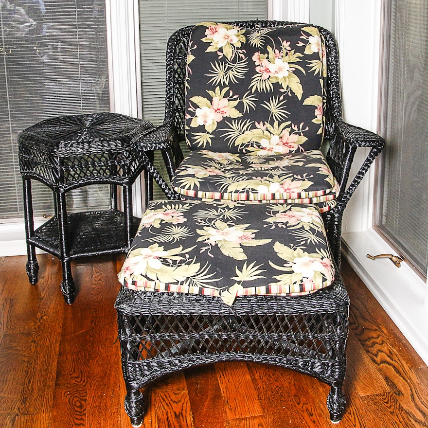 Black Wicker Chair with Ottoman and Side Table