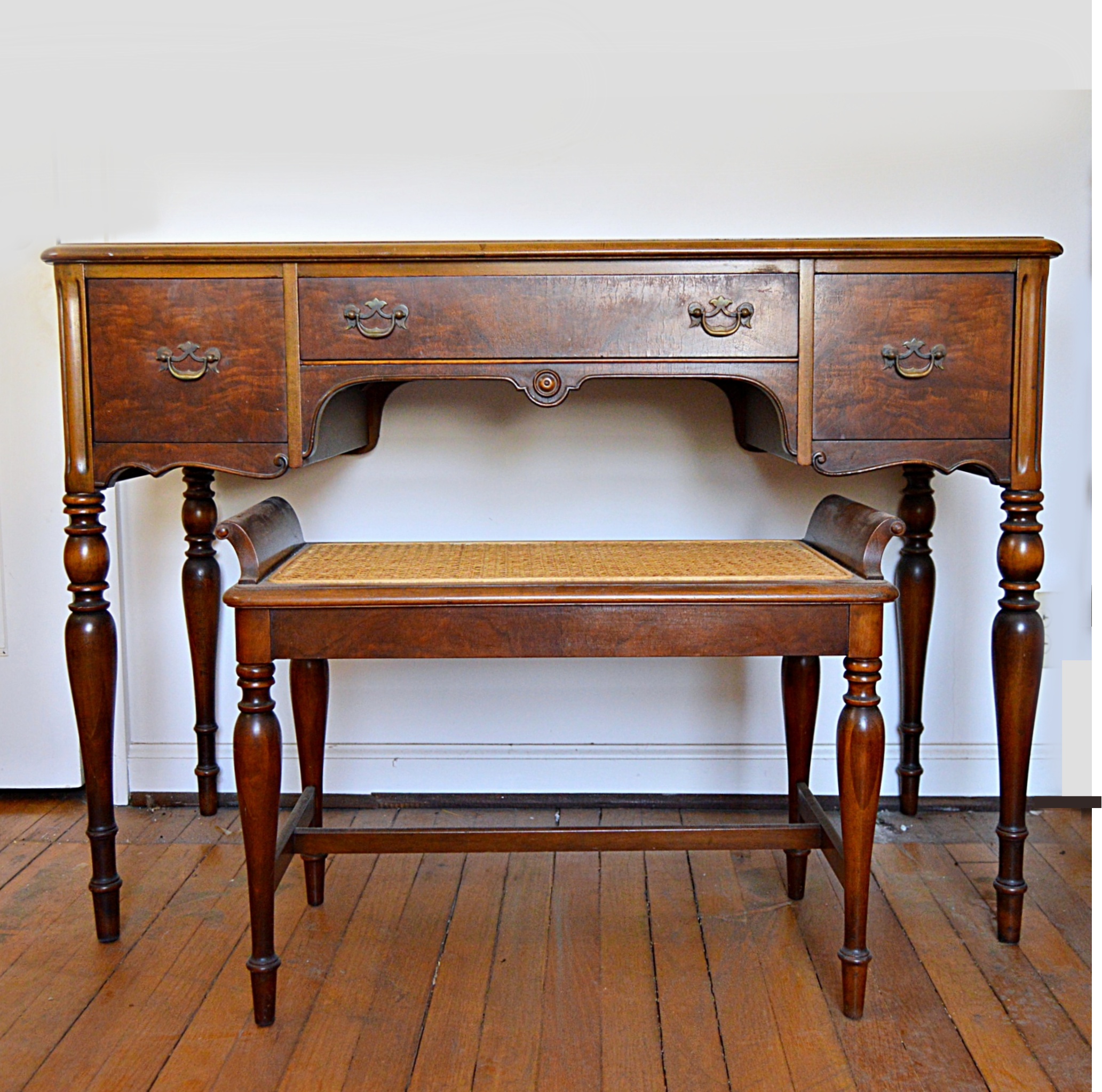 Vintage Burl Mahogany Dressing Table and Bench