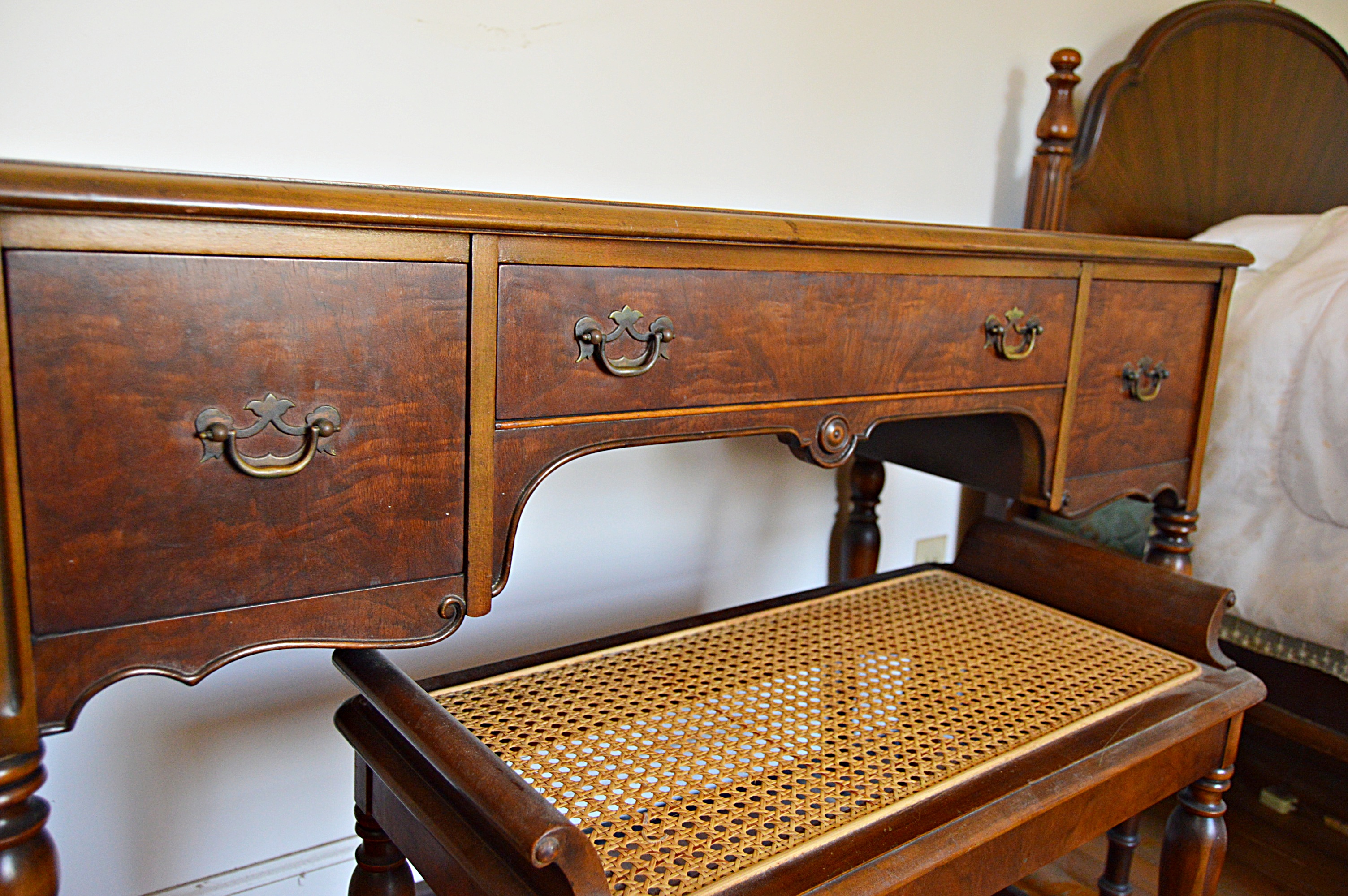 Vintage Burl Mahogany Dressing Table and Bench