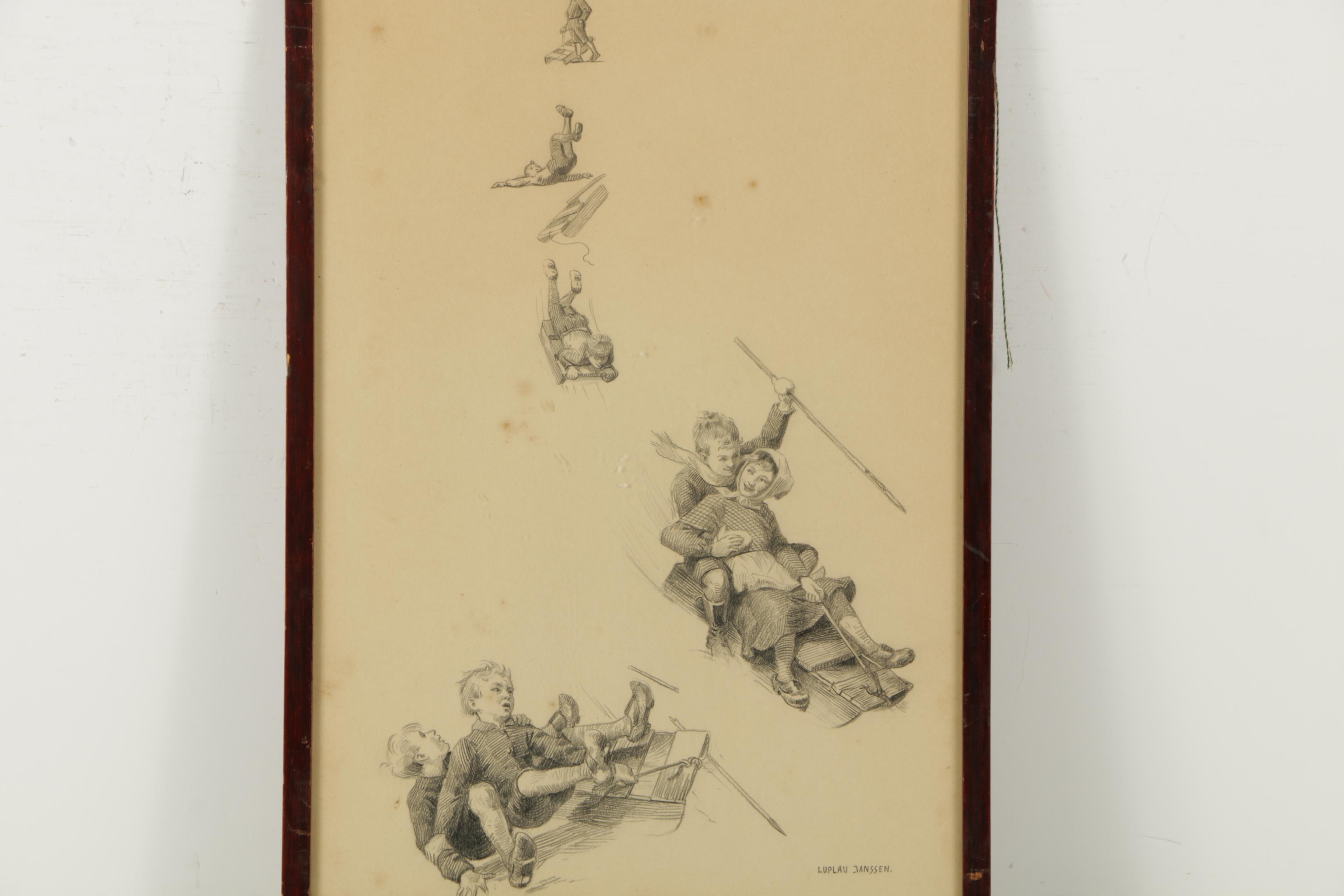Luplau Janssen Lithograph of Children Sledding