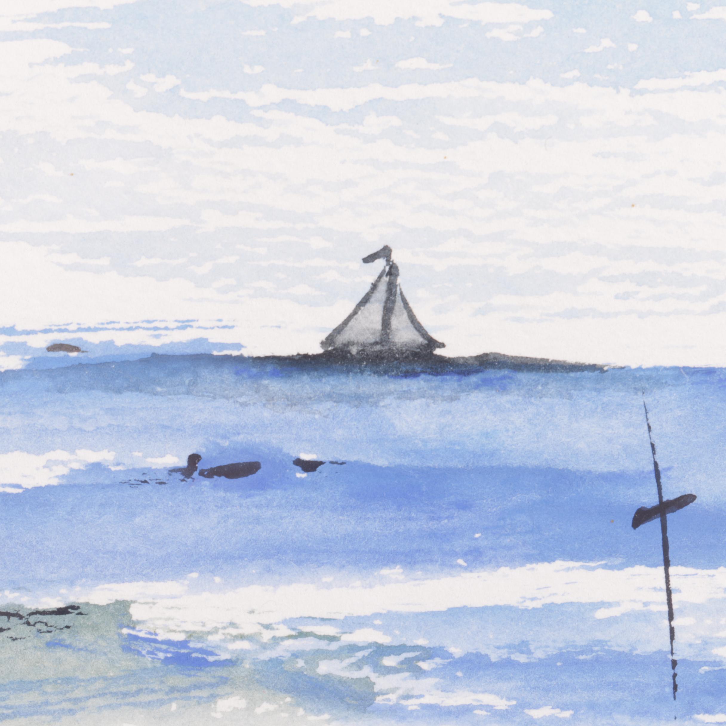 J. Rando Watercolor Painting on Paper of a Beach Scene