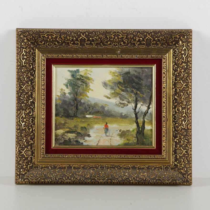 P. Vitolante Oil Painting on Canvas of an Outdoor Scene