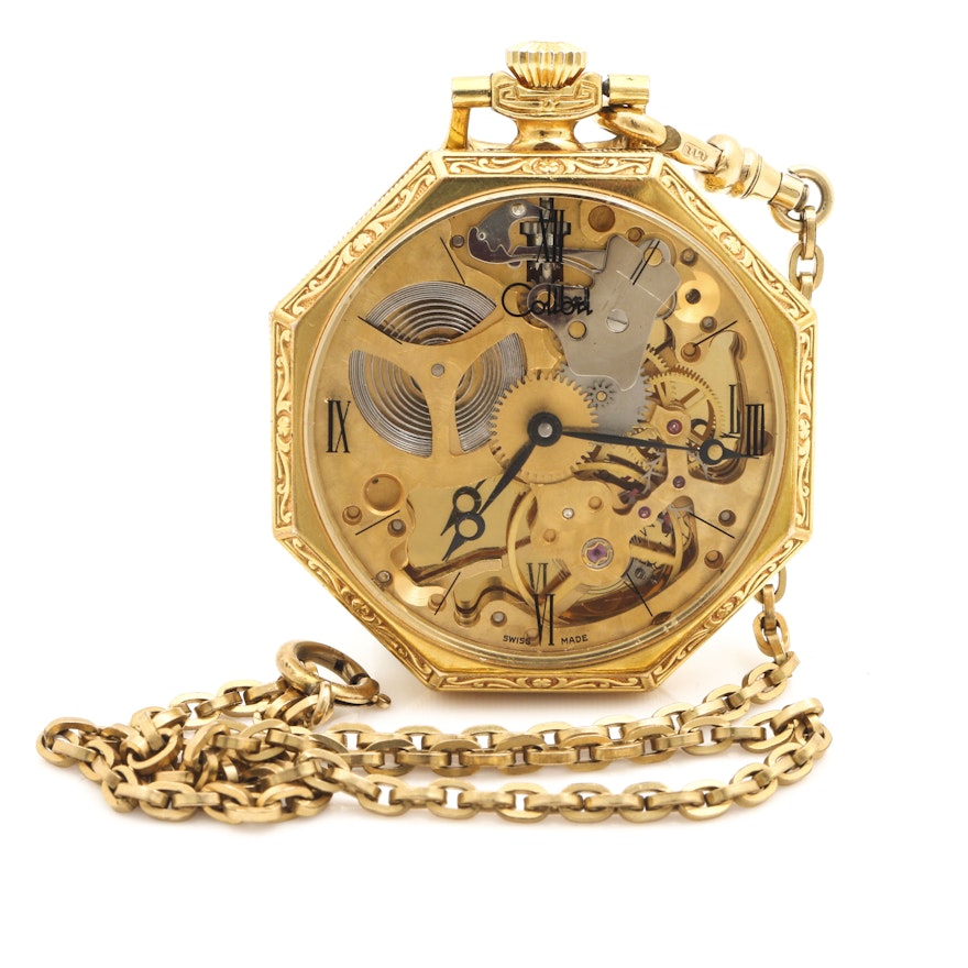 Colibri Gold Tone Skeleton Dial Pocket Watch With 12K Gold Filled Fob