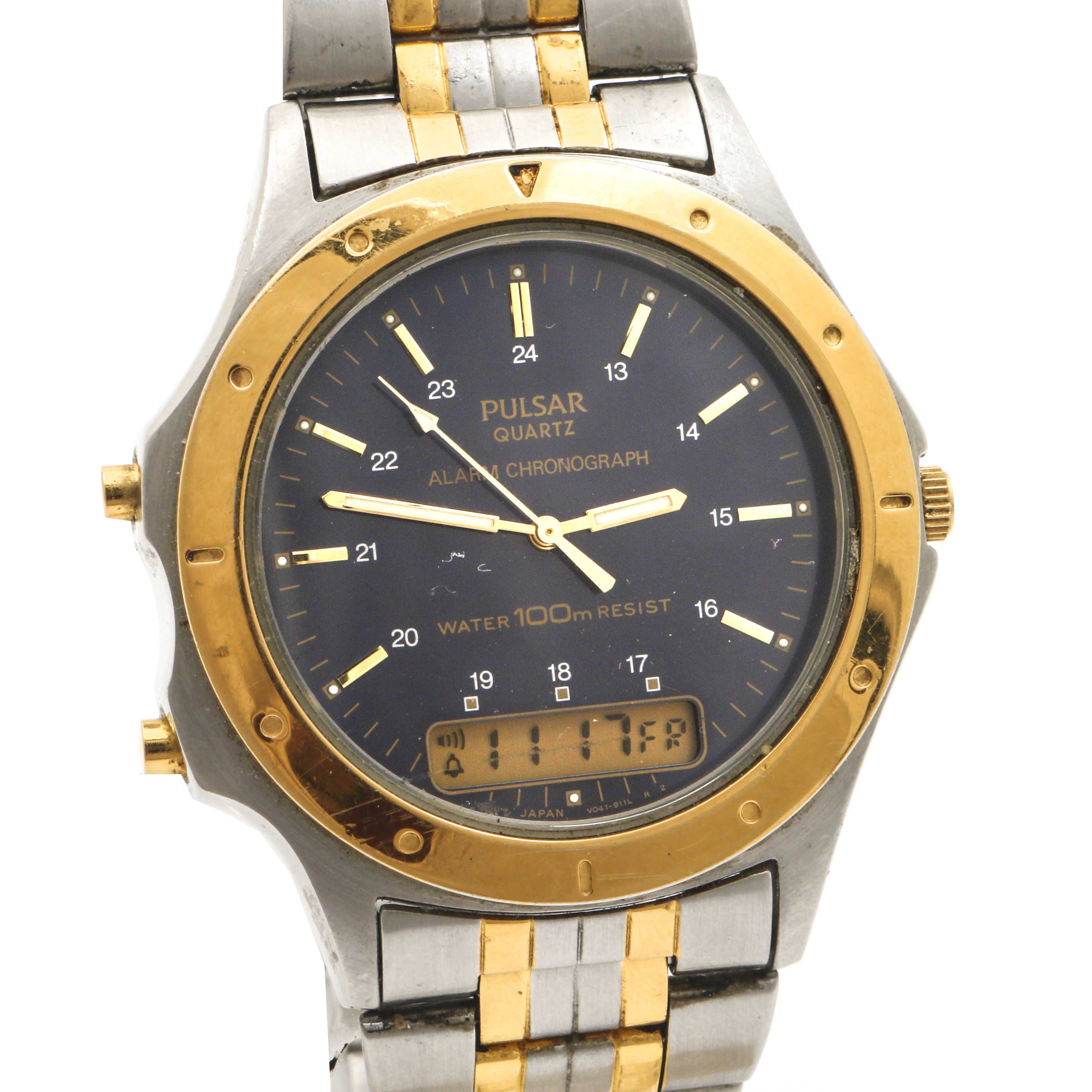 Pulsar Quartz Alarm Chronograph Gold Tone and Stainless Steel Watch