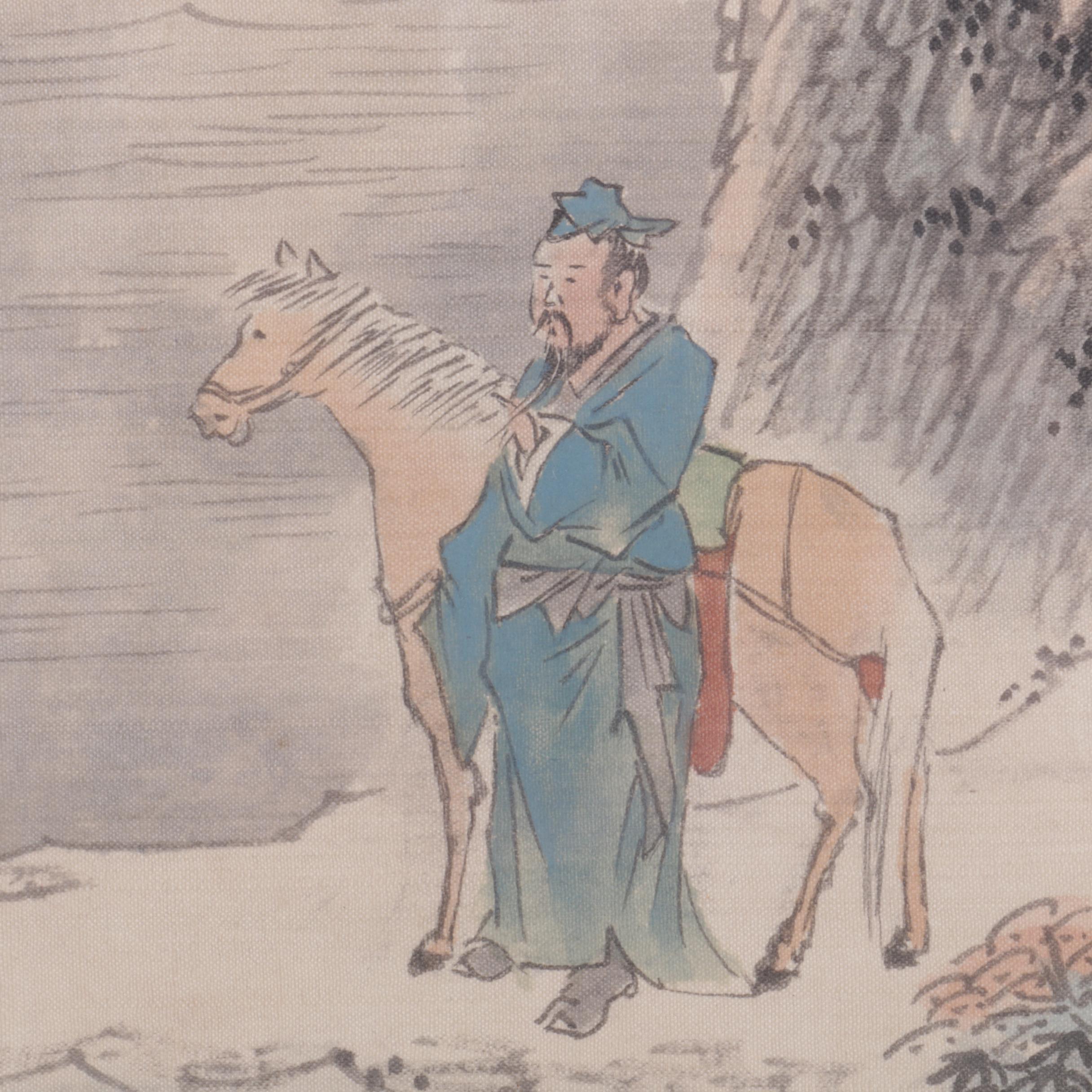 East Asian-Style Gouache Painting of a Man and a Horse on Silk