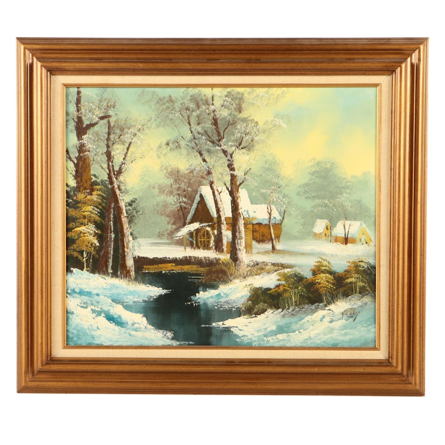 Oil Painting on Canvas Winter Landscape with Mill