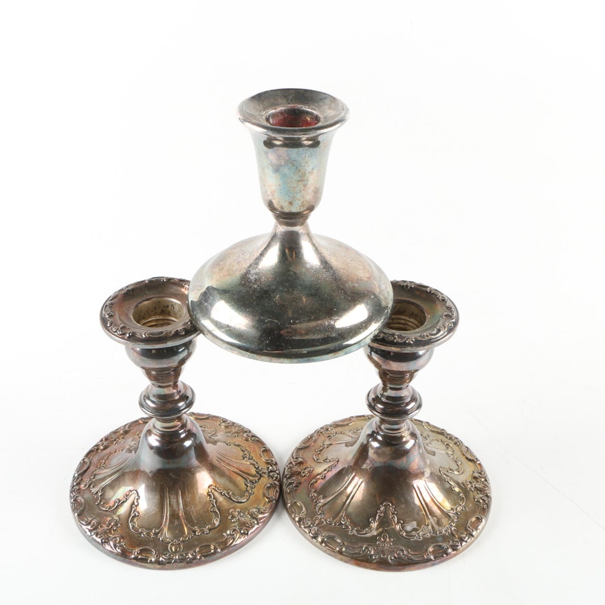 Gorham "Chantilly" Silver Plate Console Candle Holders with Unique Candle Holder
