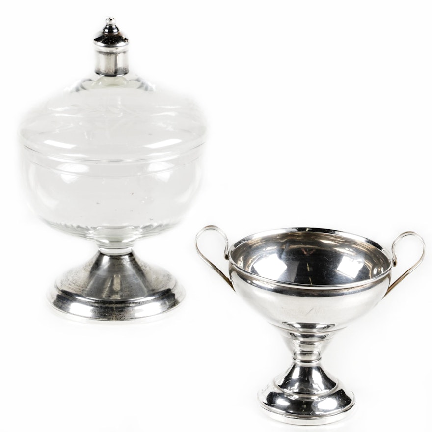 Duchin Creation Etched Glass Weighted Sterling Candy Dish with Sugar Bowl