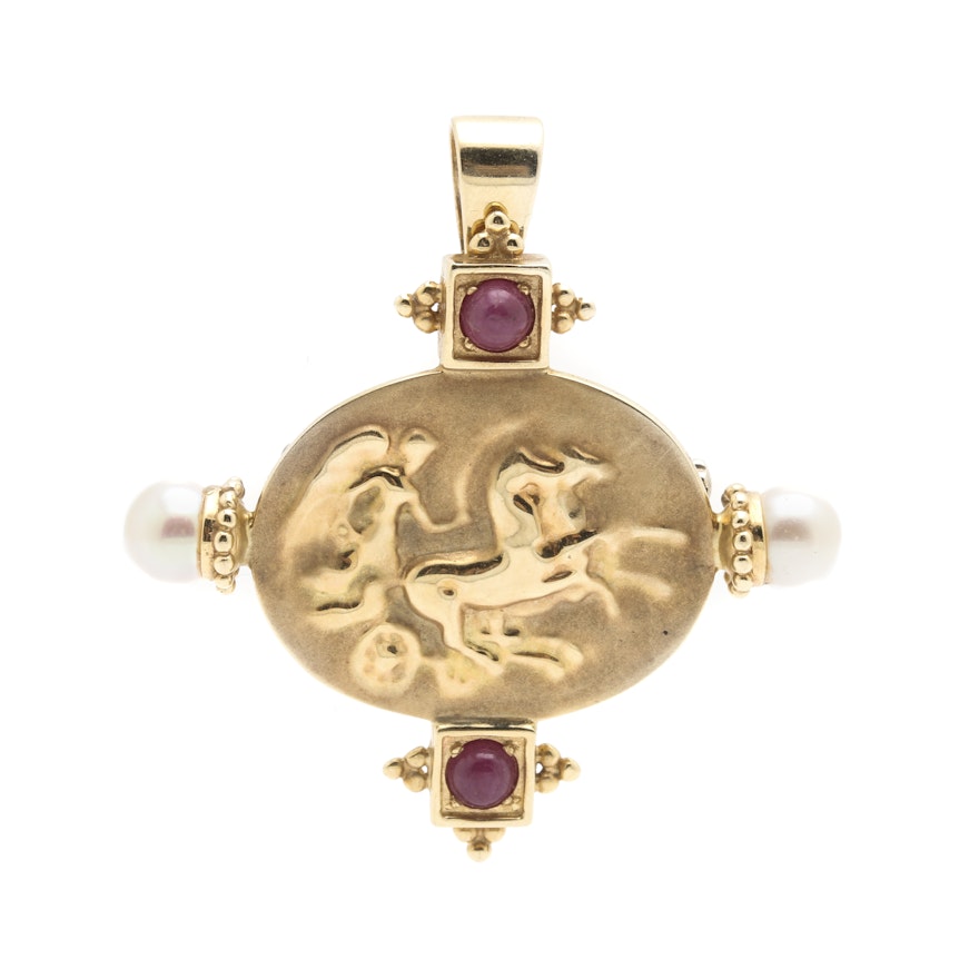 14K Yellow Gold Ruby and Pearl Pendant