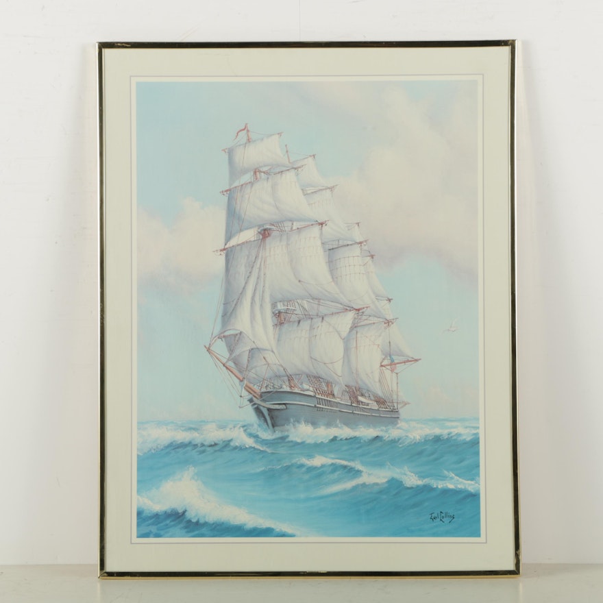 Signed Offset Lithograph of a Ship at Sail