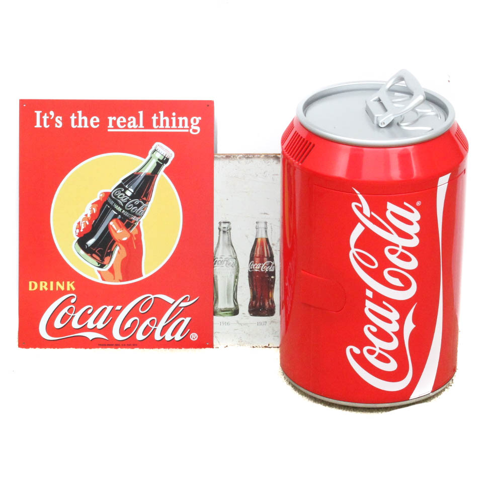 Coca-Cola Mini Refrigerator and Metal Signs