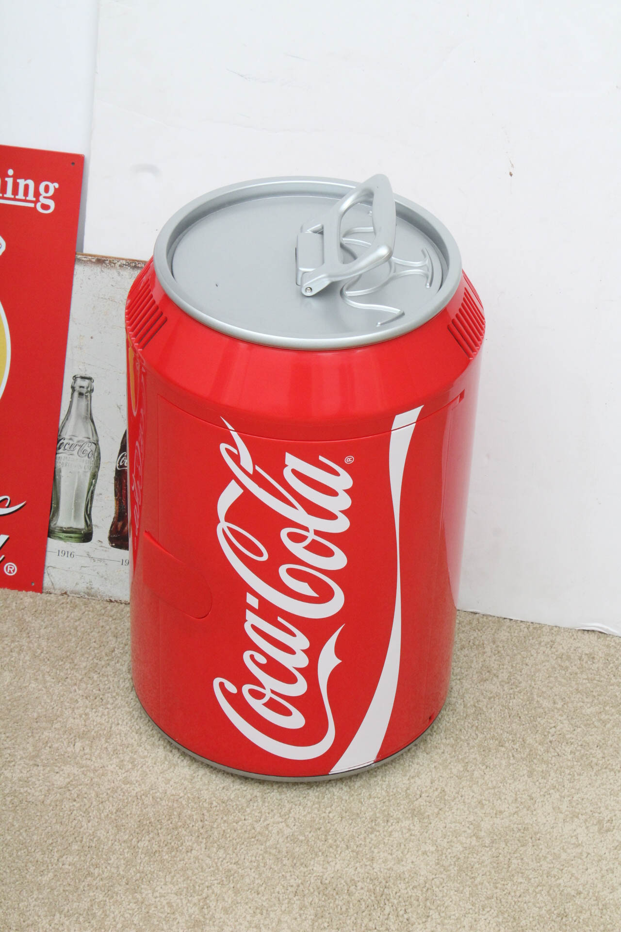 Coca-Cola Mini Refrigerator and Metal Signs