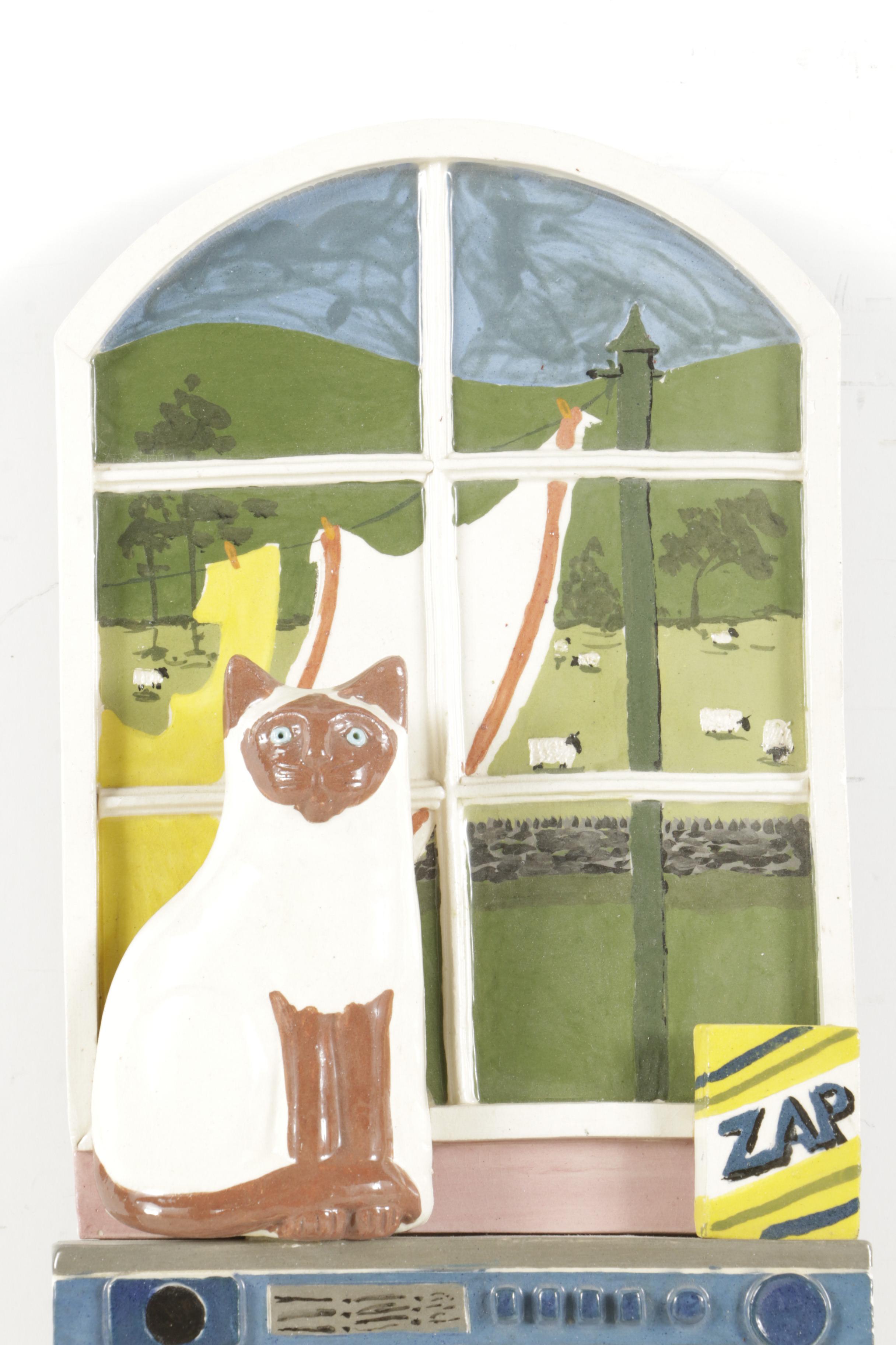 Donald Ewen Ceramic Sculpture of Cats in a Laundry Room