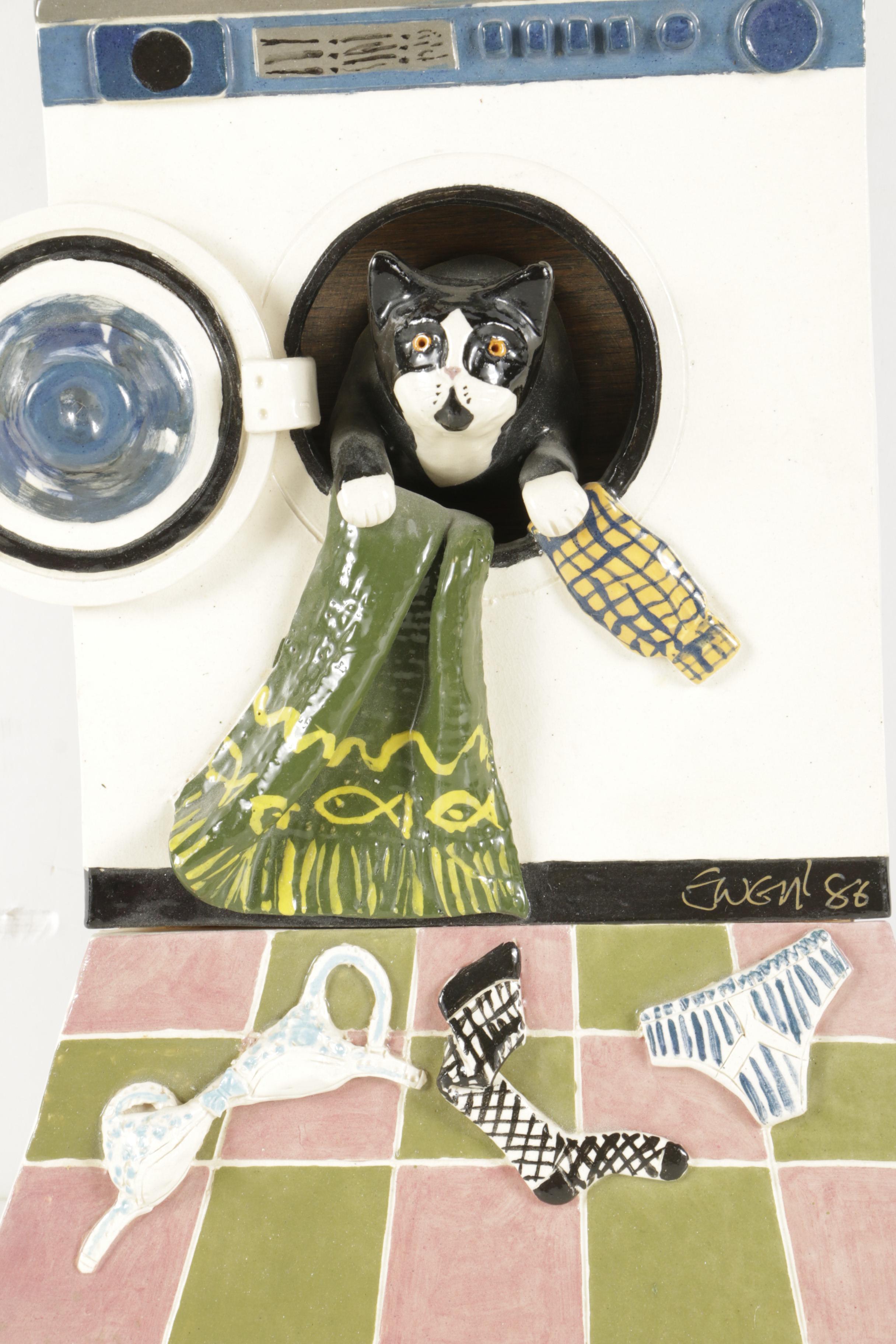 Donald Ewen Ceramic Sculpture of Cats in a Laundry Room
