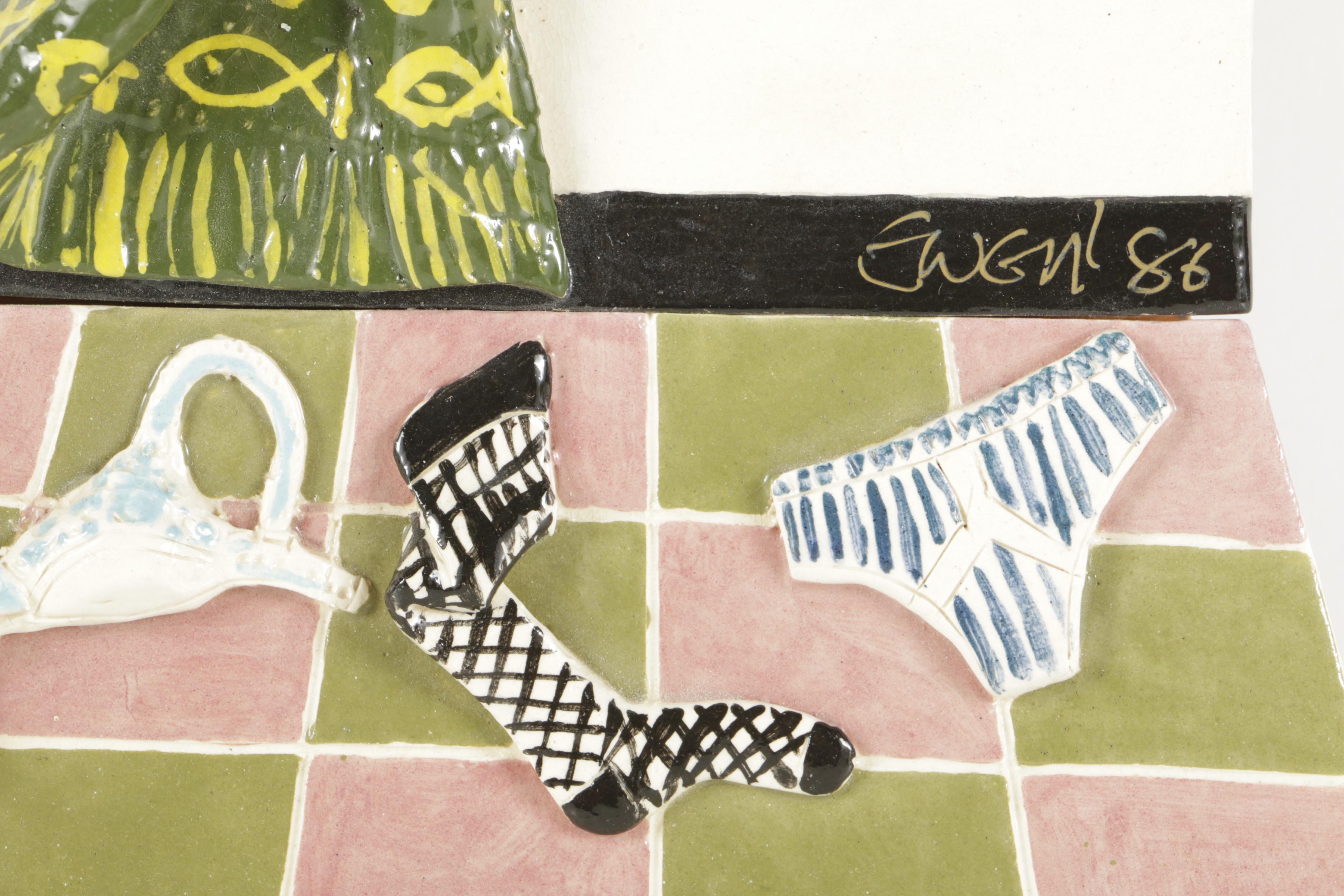 Donald Ewen Ceramic Sculpture of Cats in a Laundry Room