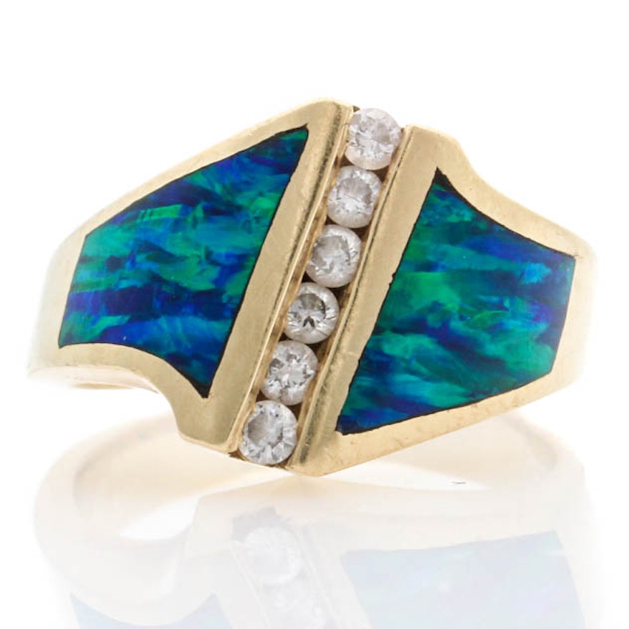 14K Yellow Gold Diamond and Opal Ring