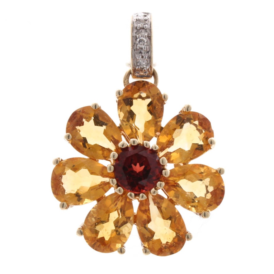 10K Yellow Gold Garnet, Citrine, and Diamond Daisy Pendant