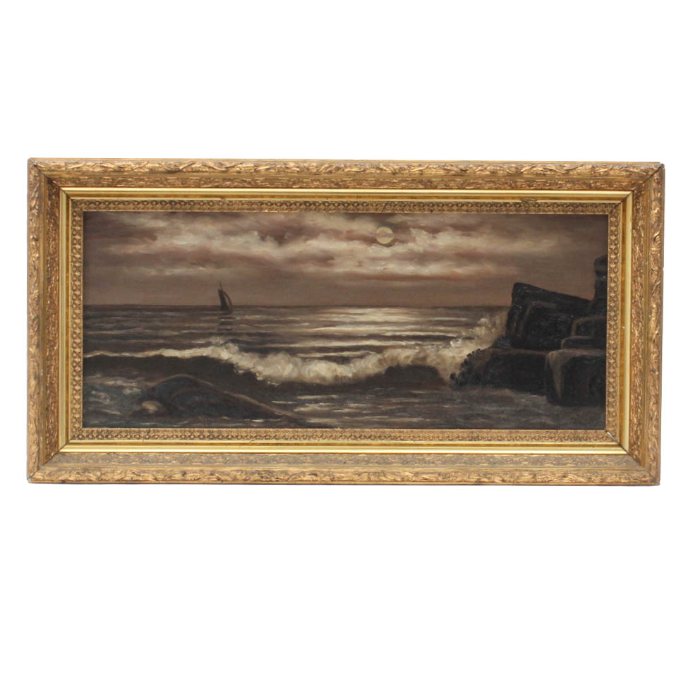 Antique Circa Late 19th Century American School Seascape Oil on Canvas