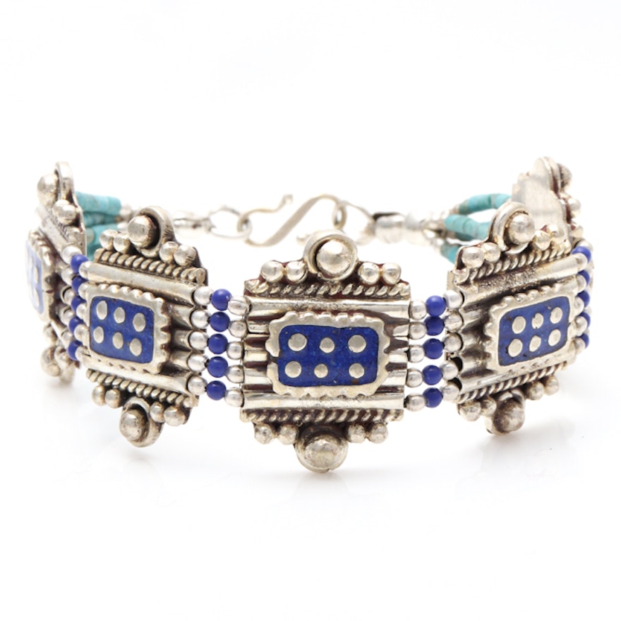 Tibetan Sterling Silver Turquoise and Lapis Lazuli Bracelet