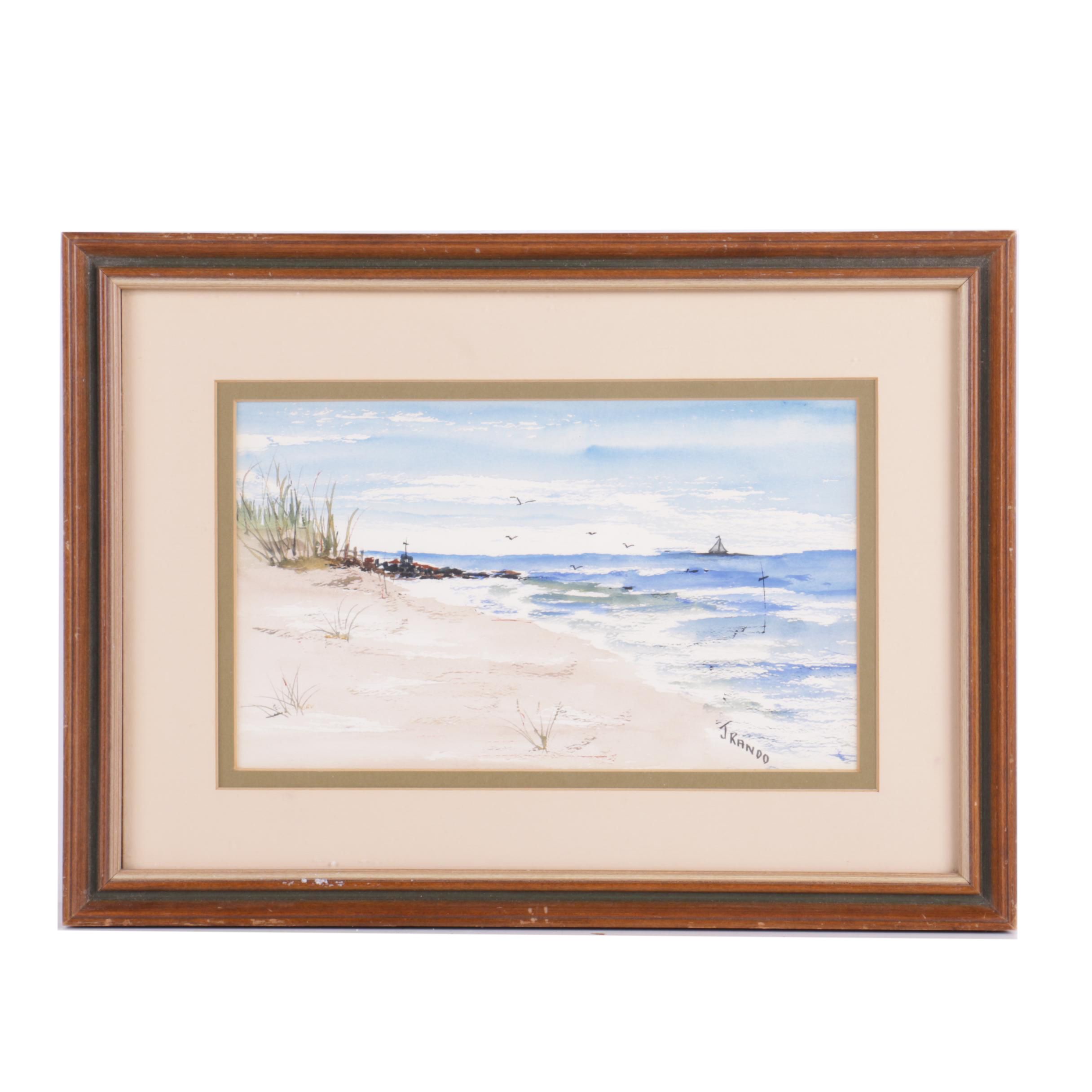 J. Rando Watercolor Painting on Paper of a Beach Scene