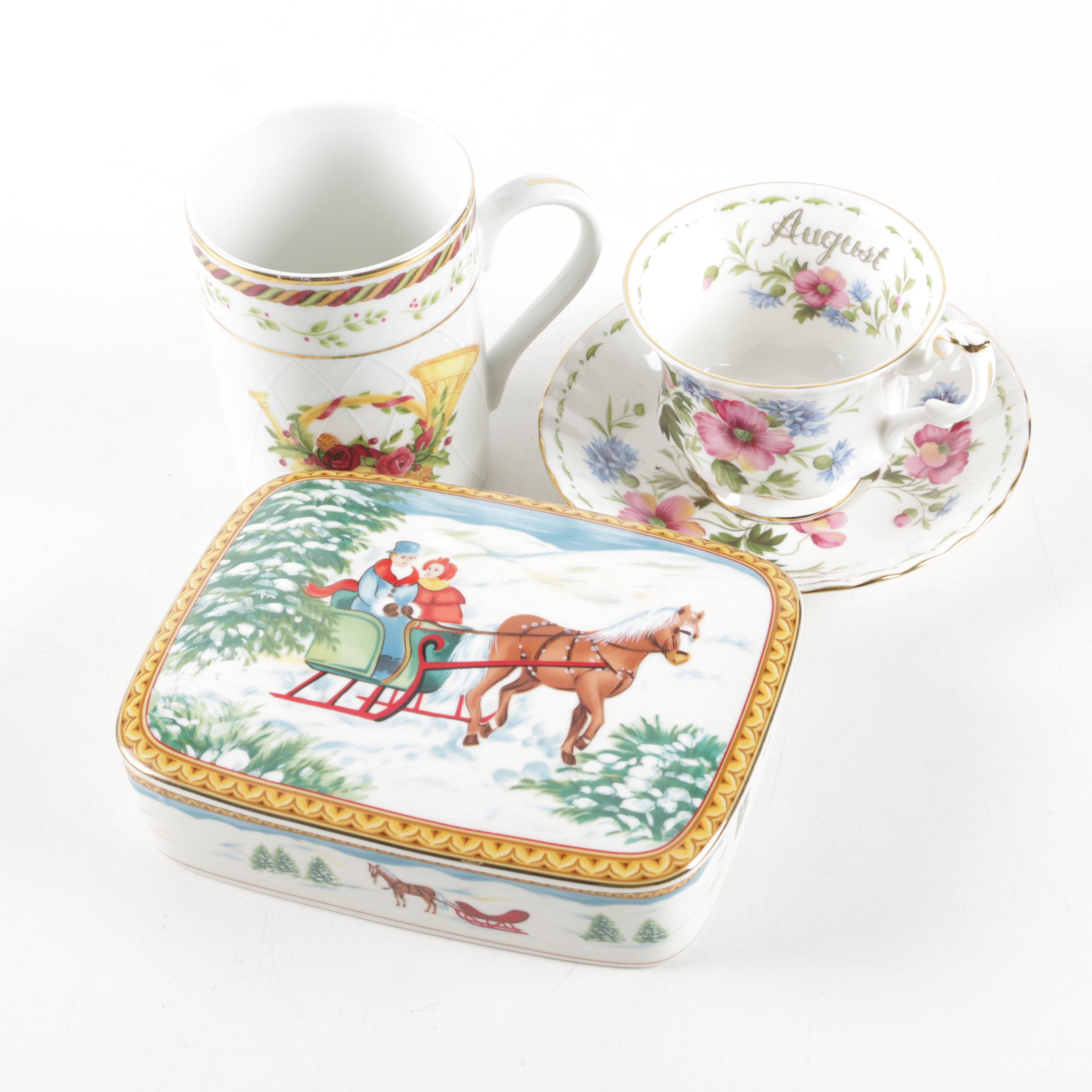 Mikasa "Holiday Ride" Trinket Box and Vintage Royal Albert Teacups