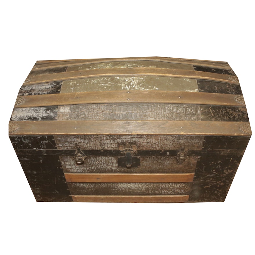 Antique Dome Trunk with Faux Alligator Pressed Tin