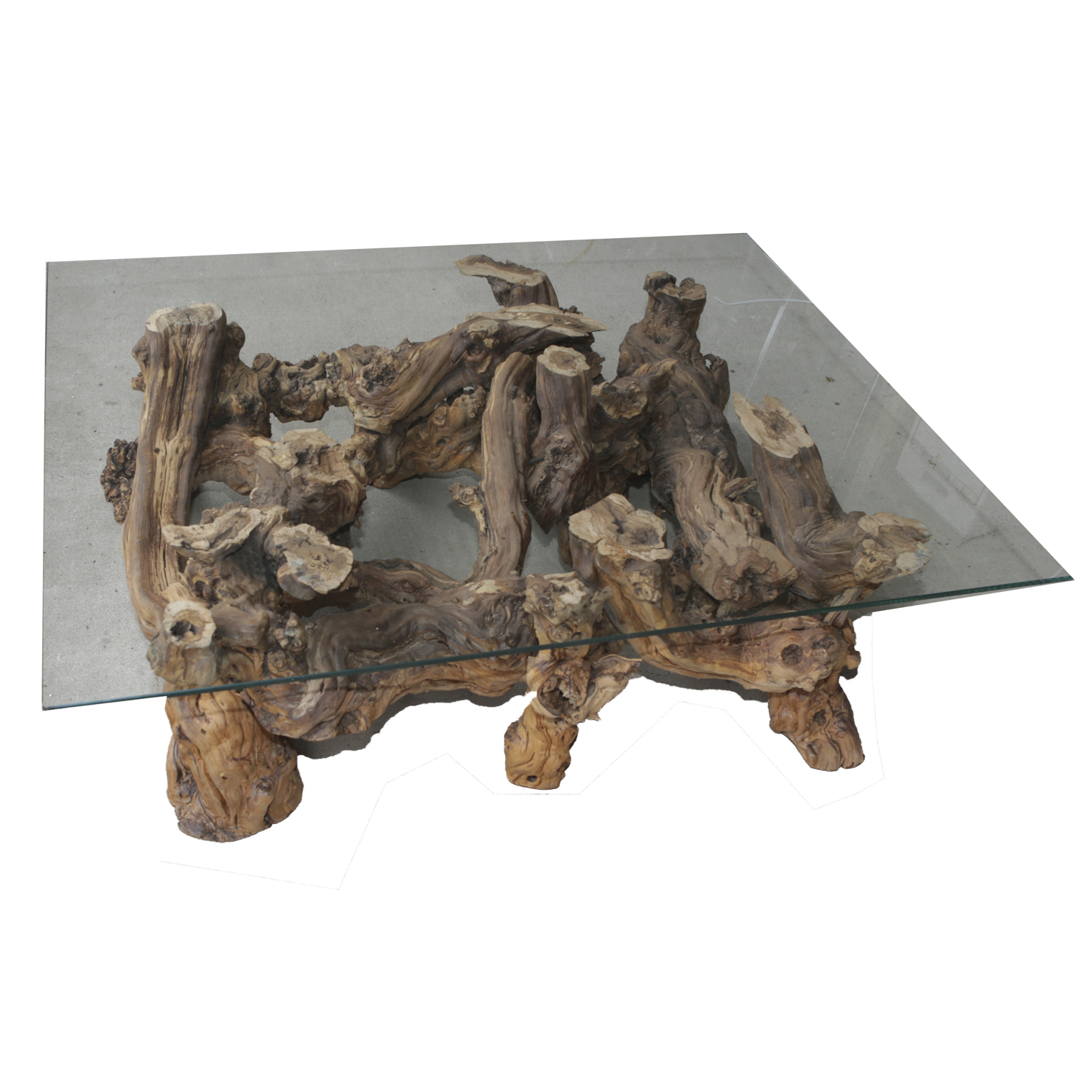 Glass Top Coffee Table with Grapevine Root Base