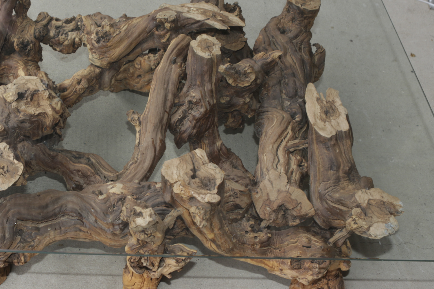 Glass Top Coffee Table with Grapevine Root Base