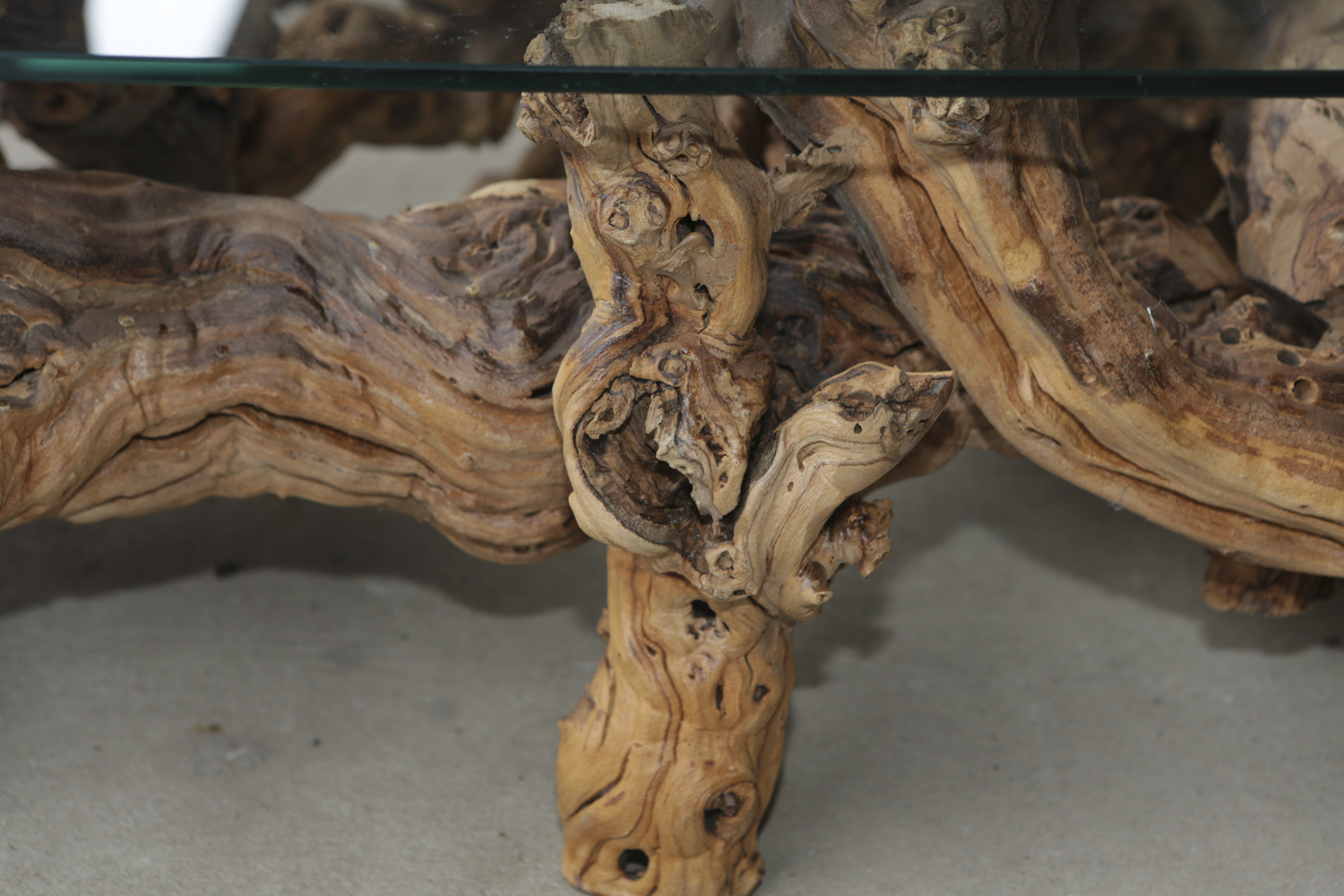 Glass Top Coffee Table with Grapevine Root Base