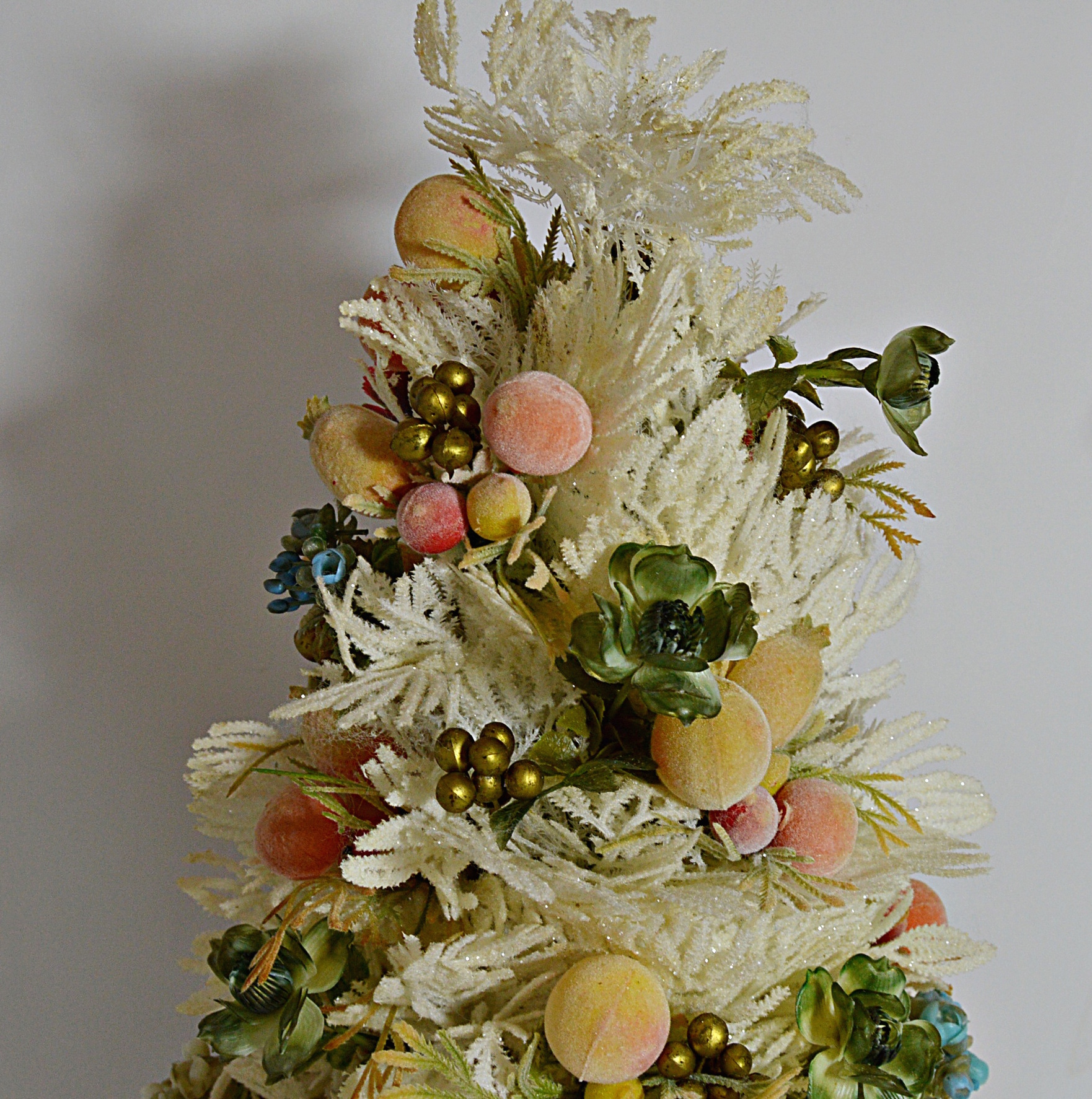 Mid Century Modern Flocked Christmas Tree with Fruits