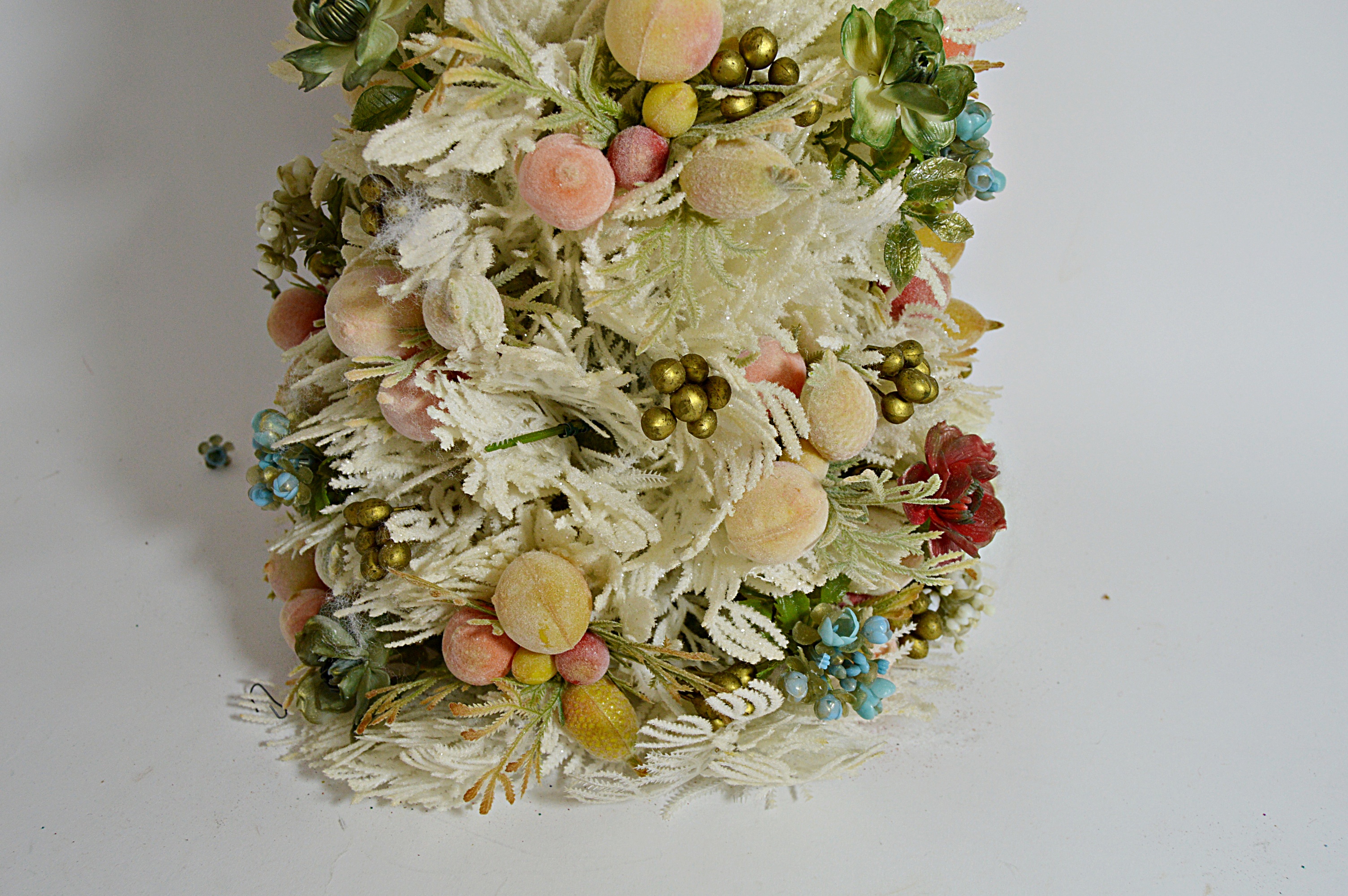 Mid Century Modern Flocked Christmas Tree with Fruits