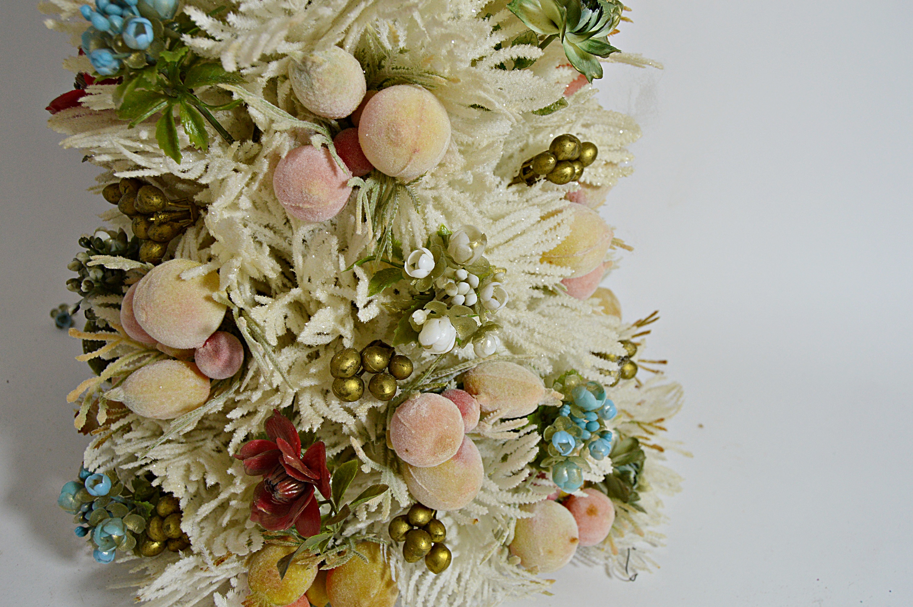 Mid Century Modern Flocked Christmas Tree with Fruits