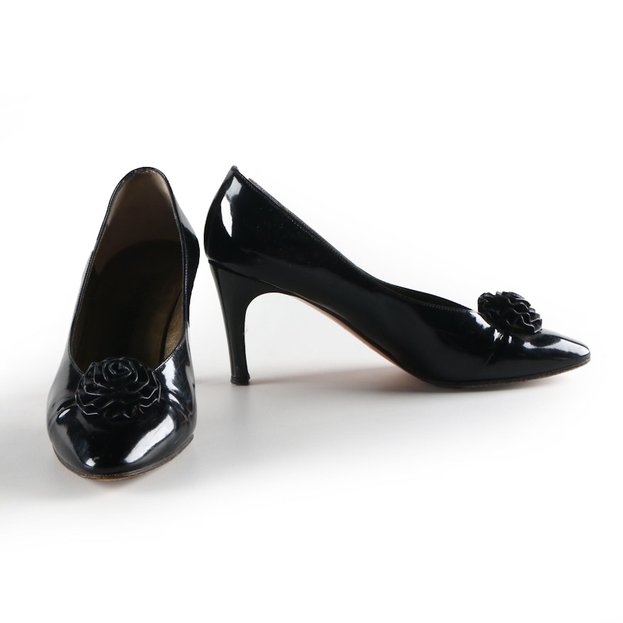 Vintage Yves Saint Laurent Black Patent Floral Pumps