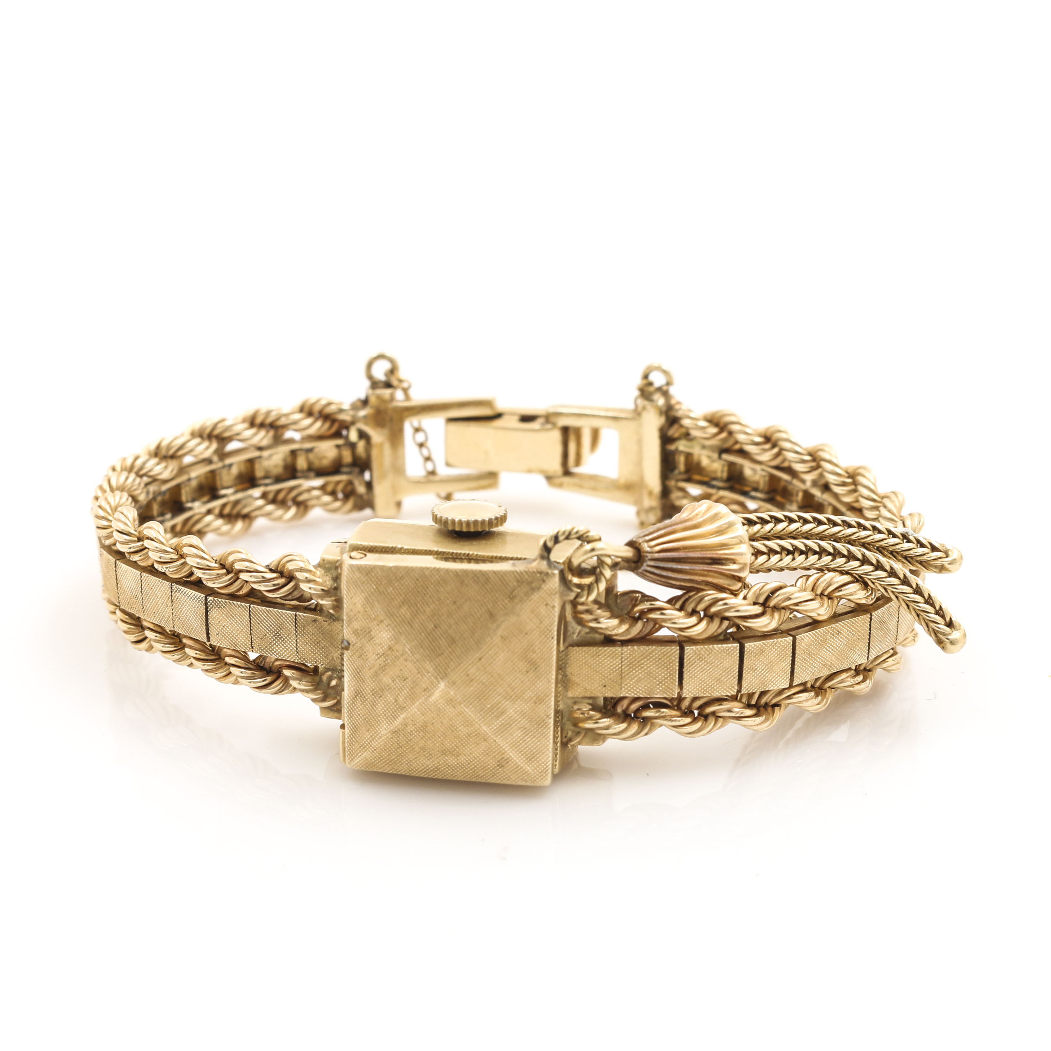 Geneva 14K Yellow Gold Watch With Hinged Cover and Tassle Accent