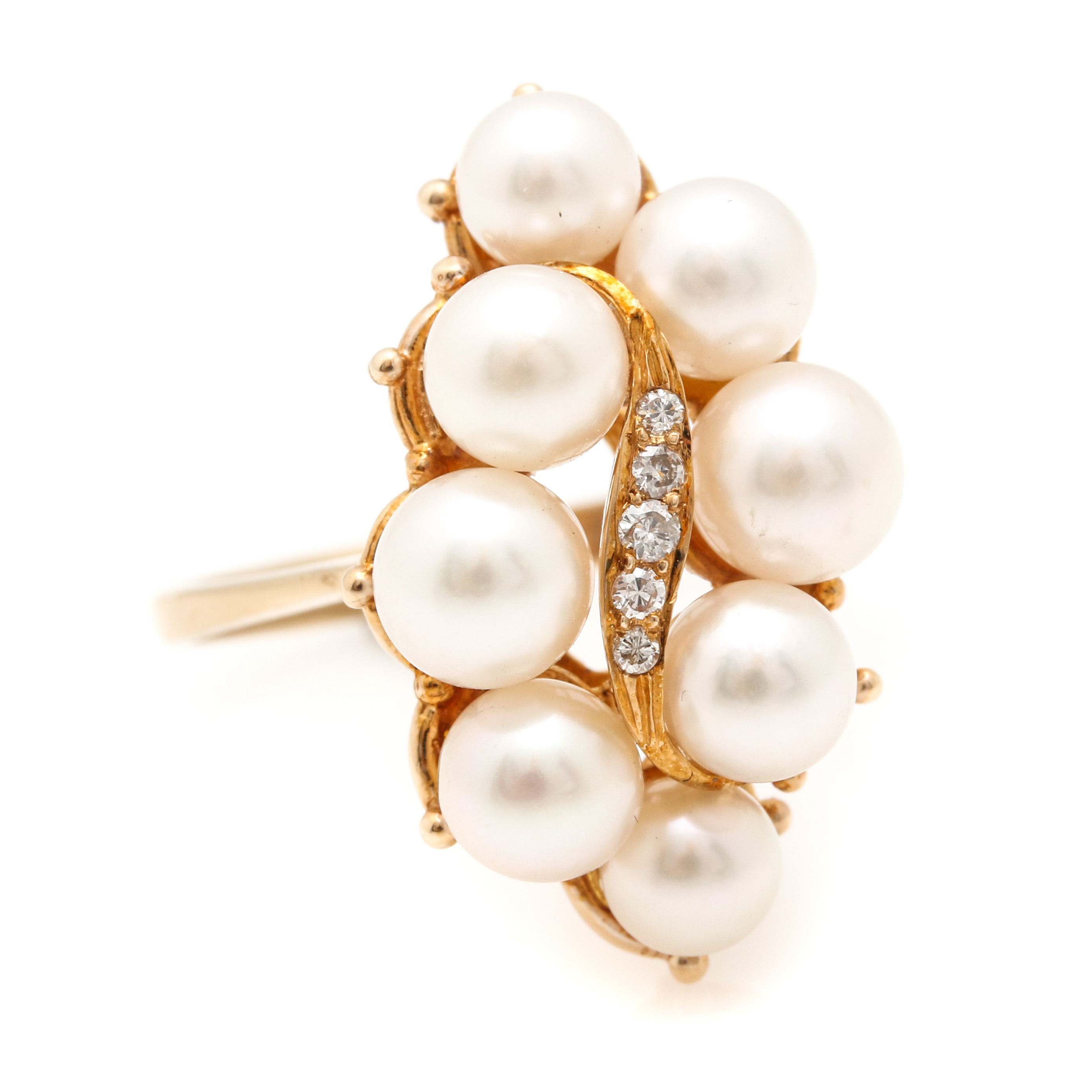 14K Yellow Gold Pearl and Diamond Ring