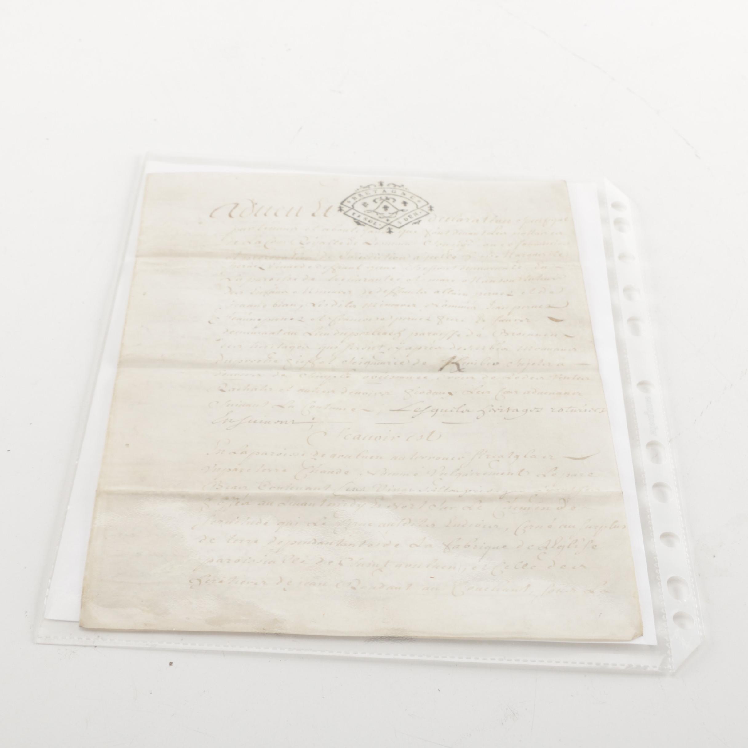 1737 French Legal Document with Revenue Stamp