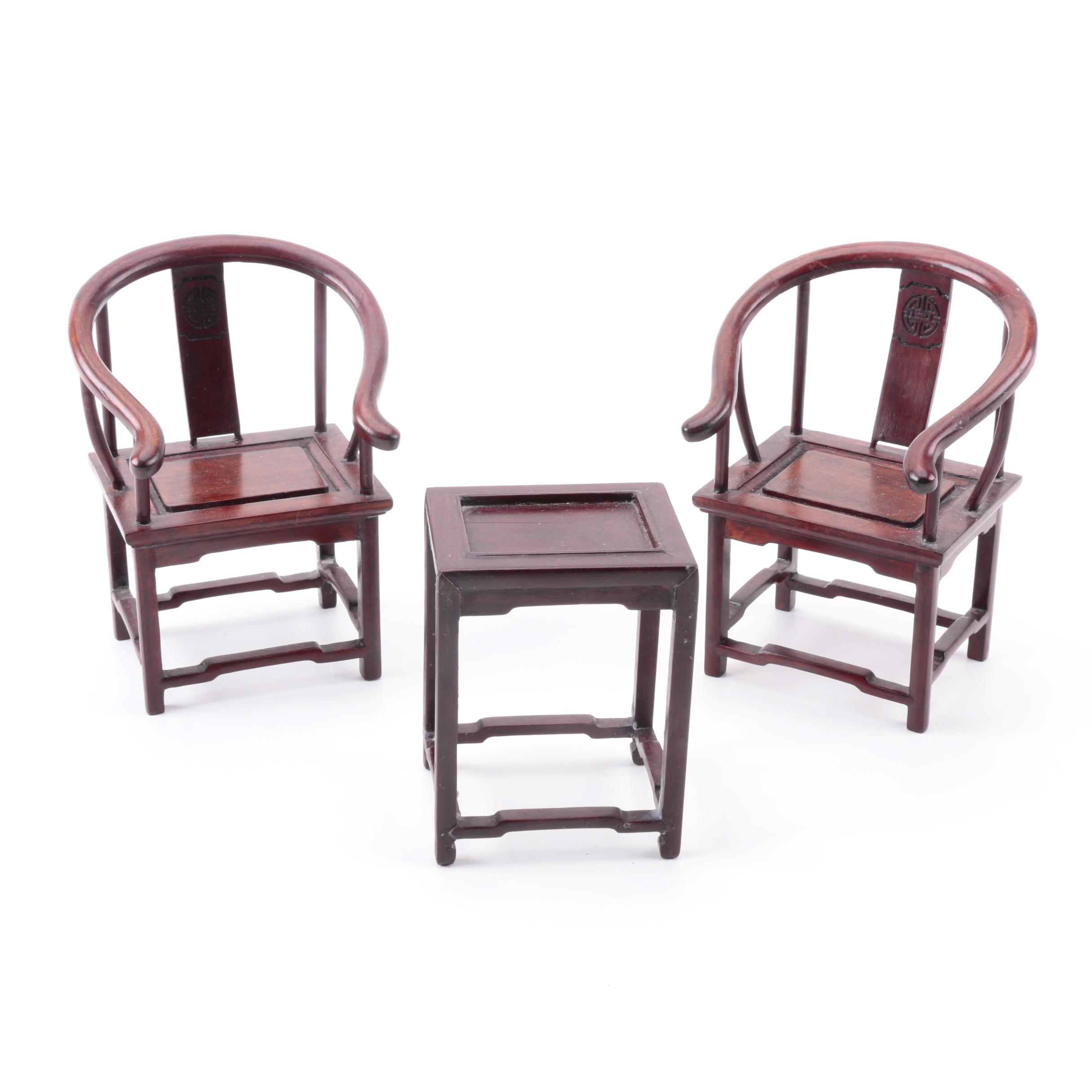 Diminutive Chinese Horseshoe Chairs with Tea Table