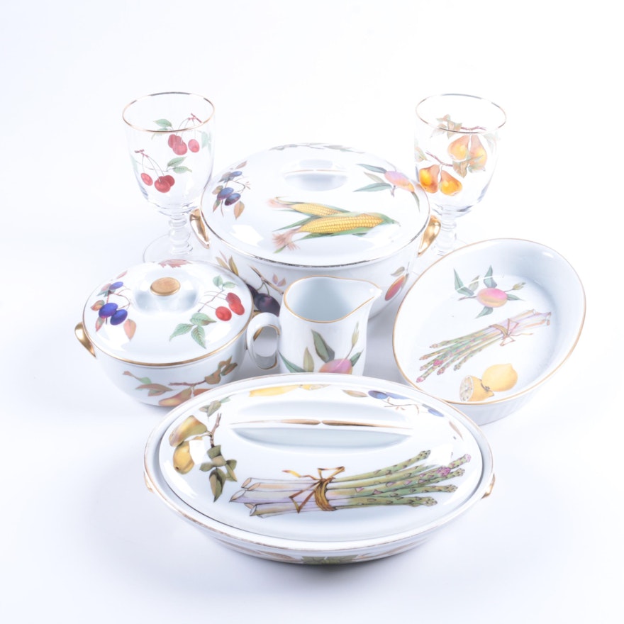 Vintage Royal Worcester "Evesham" Porcelain Serveware and Glassware