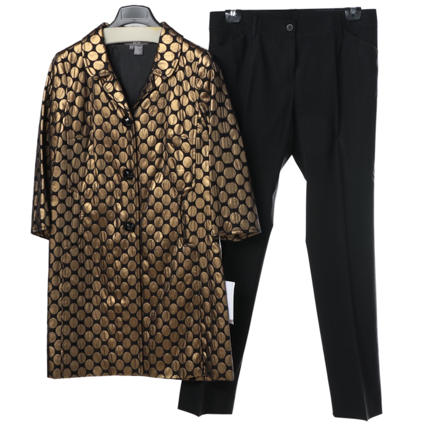 Women's Per Se Gold-Toned Cloqué Jacket with Black Pants