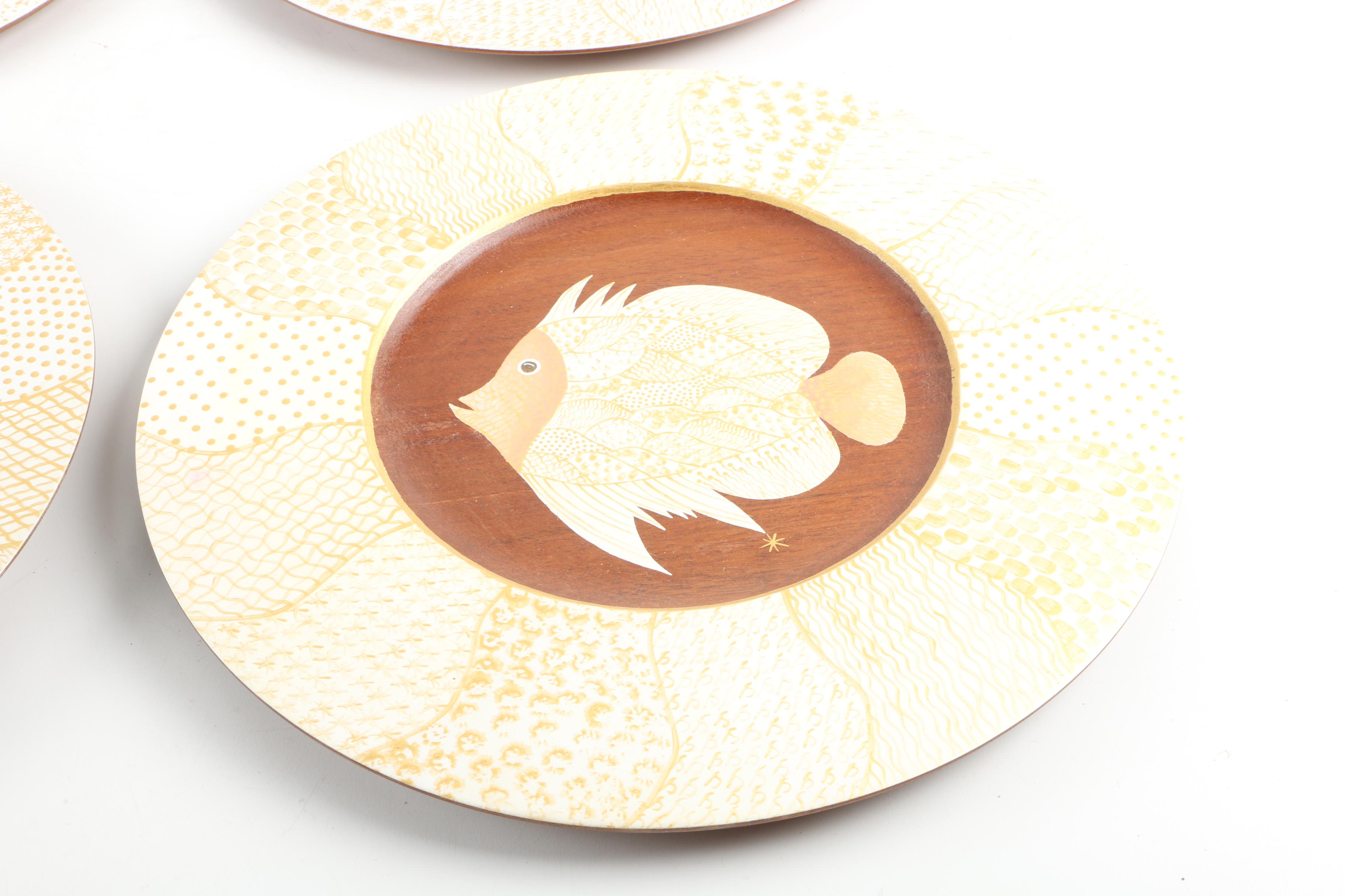 Set of Four Bibi Leon Painted Mahogany  Plates