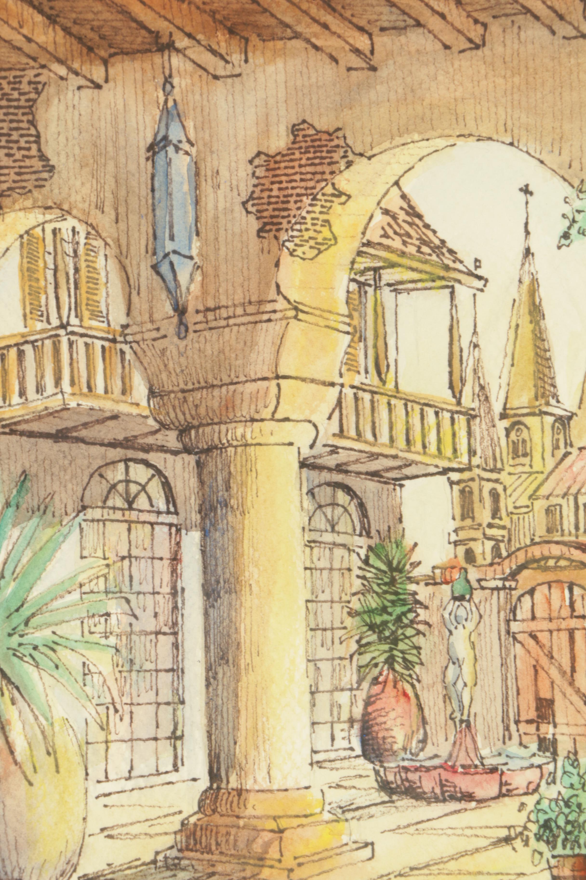 Sean Childs Watercolor Painting on Paper of Courtyard