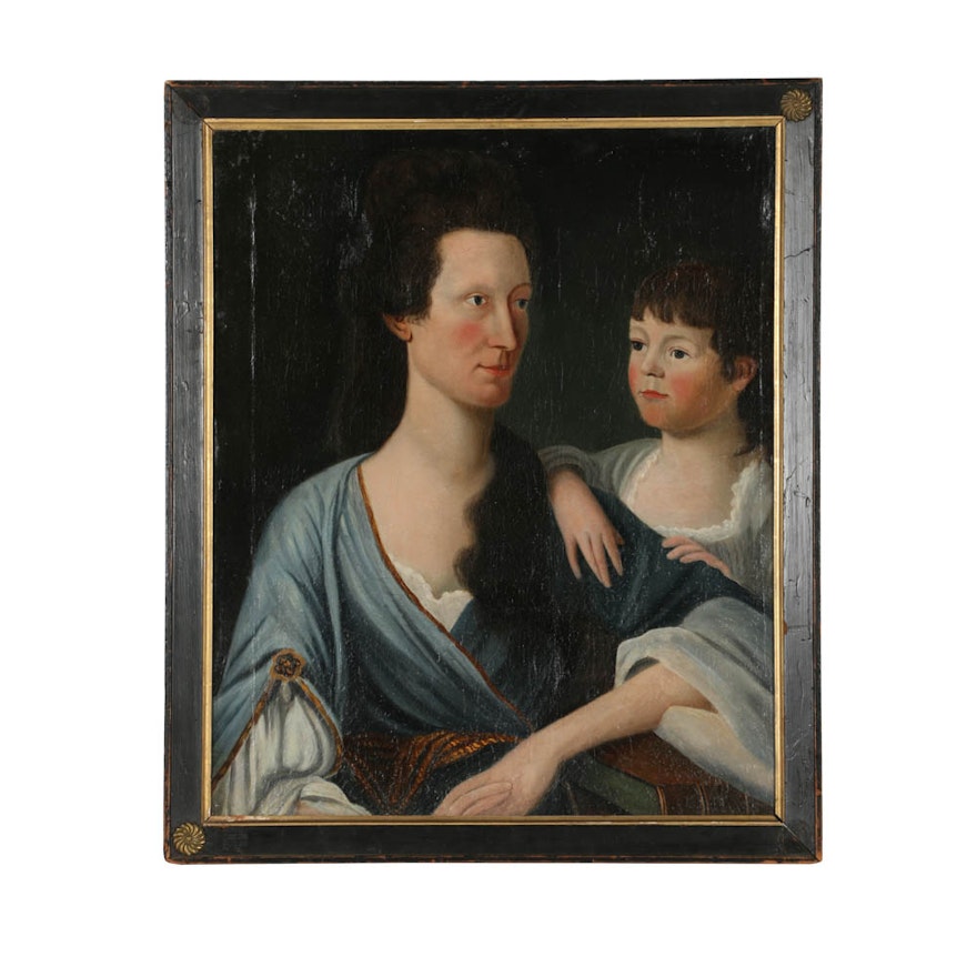 American School Oil Painting on Canvas Double Portrait of Mother and Child