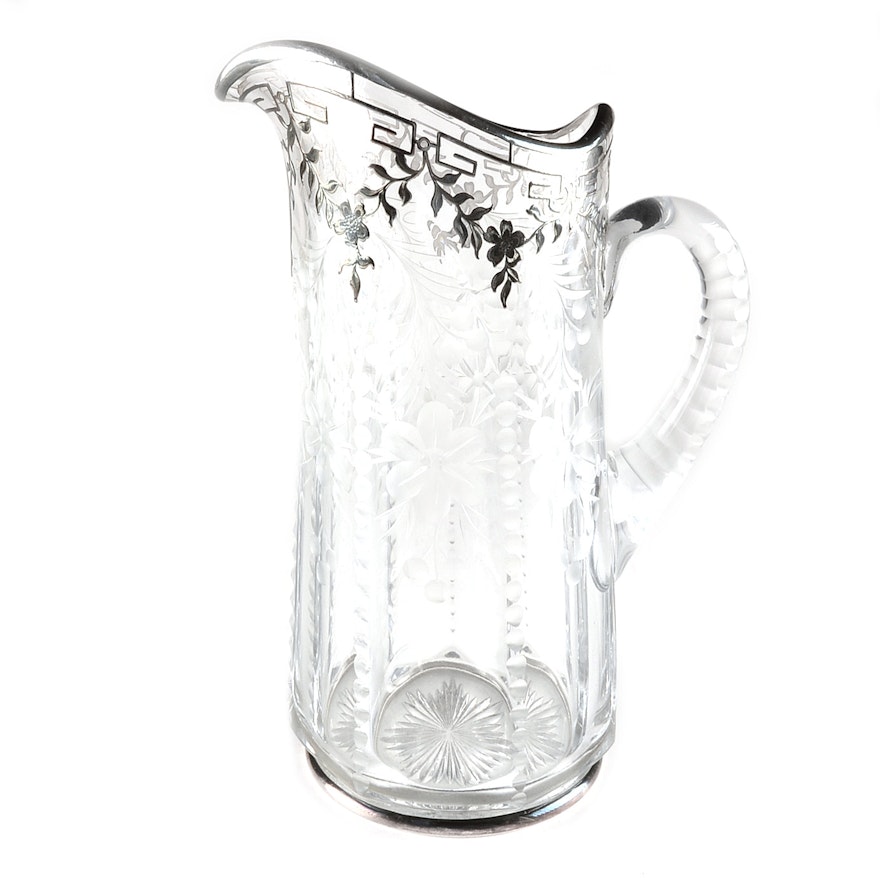 Vintage Cut Glass Pitcher with Silver Overlay